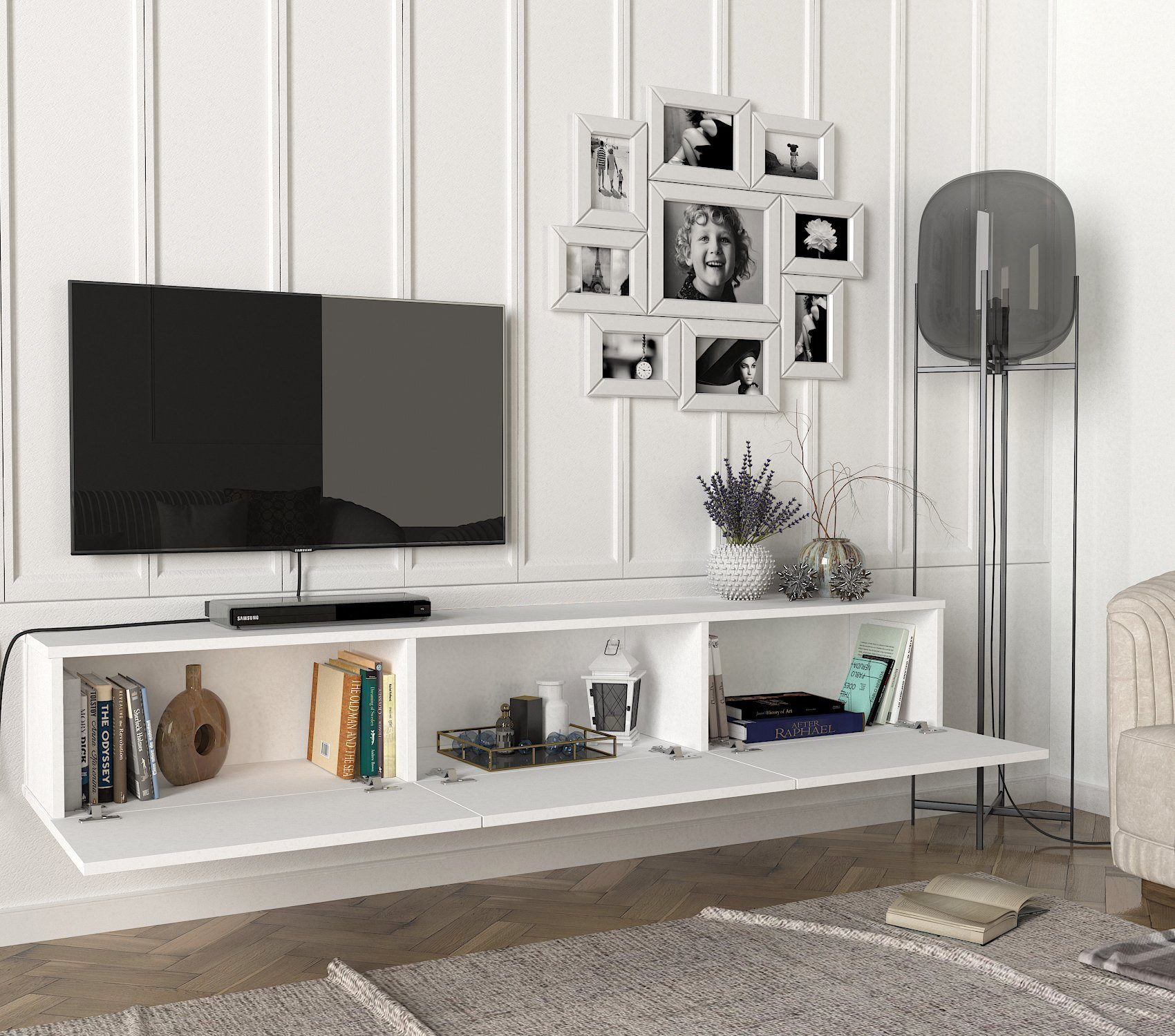 mit Lowboard moebel17 Damla TV in Weiß Hängend TV TV-Regal Türen 3 Weiß, Lowboard modernes