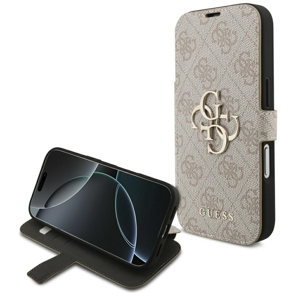 Guess Handyhülle Bookcase iPhone 17 Pro rosa Logo goldfarben aufstellbar 6,3 Zoll, Kantenschutz