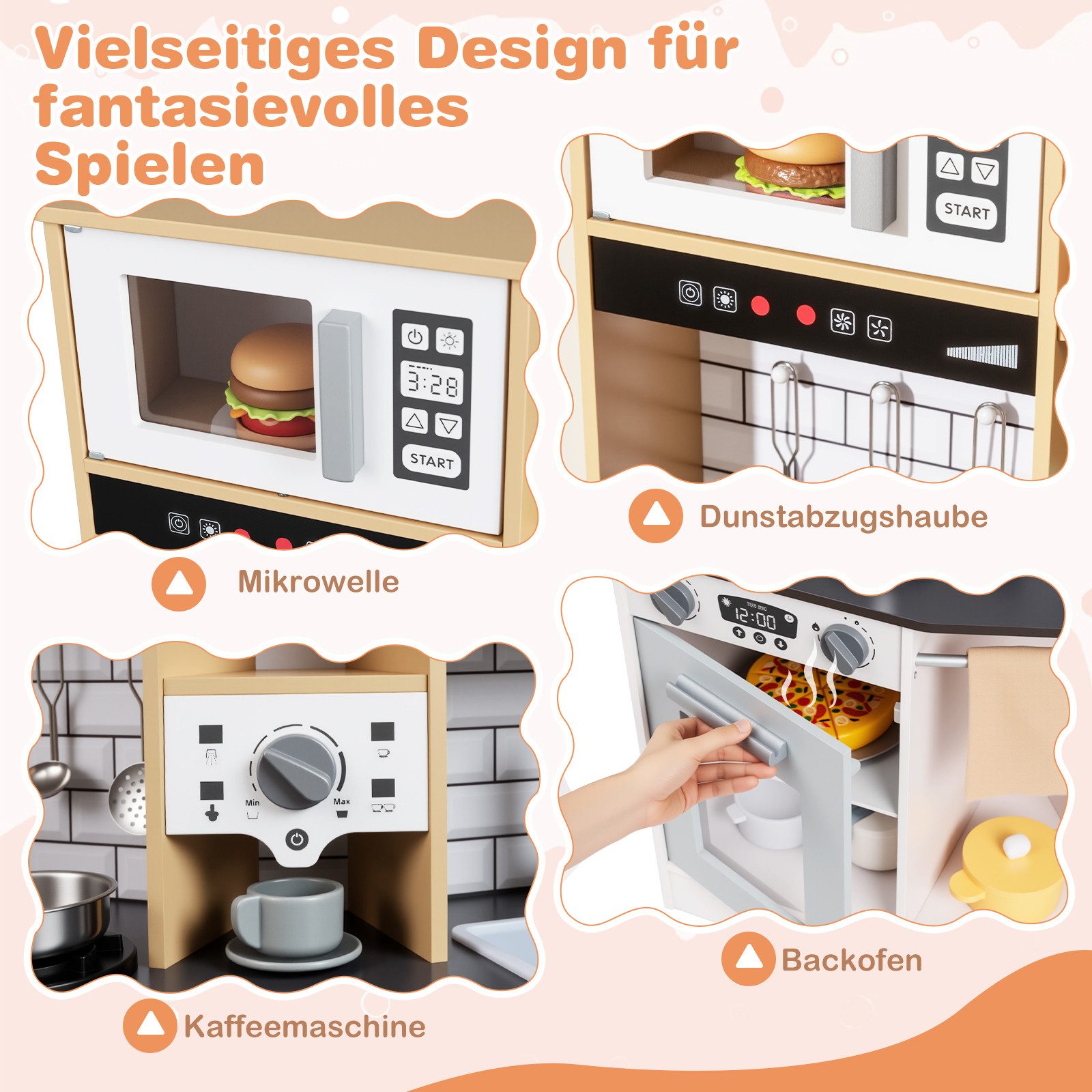 COSTWAY Spielküche MDF, Mit Dunstabzugshaube, Eismaschine, Mikrowelle & Ofen