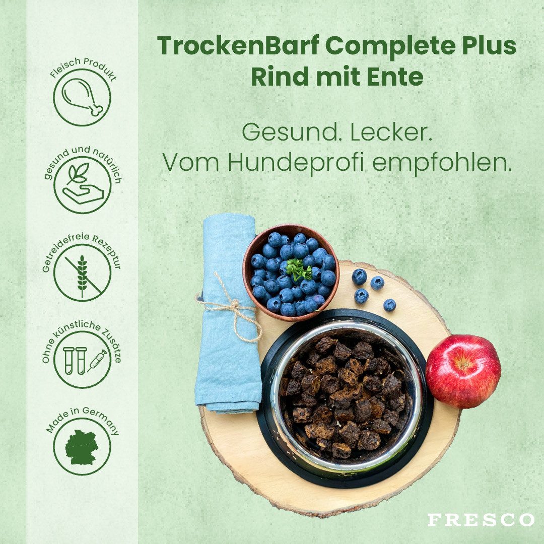 Fresco Dog TrockenBarf Hundefutter Trocken Ente & Rind, 1kg / 2,5kg / 5kg, Trockenfutter für: Hunde, Getreidefrei, 80% Frischfleisch & ohne Zusätze