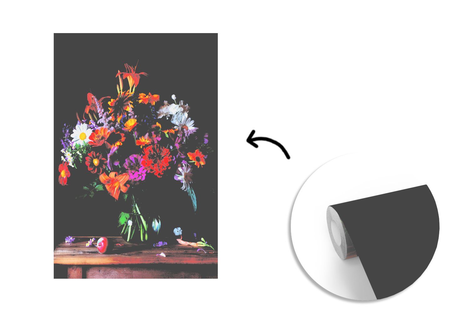 MuchoWow Fototapete Wandtapete Farben (3 bedruckt, für Blumen Tapete Matt, Vinyl St), - Wohnzimmer, Montagefertig - Stilleben