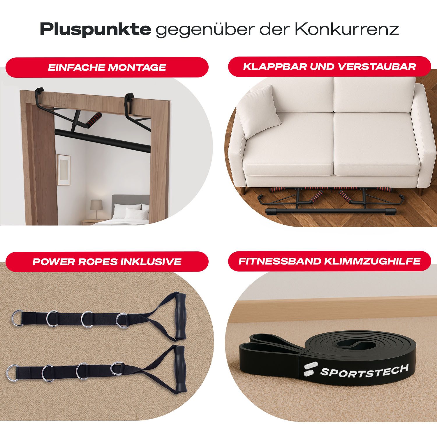 Sportstech Klimmzugstange Pullmate, Ohne Schrauben, bis 200 kg belastbar, Klappbar und verstaubar