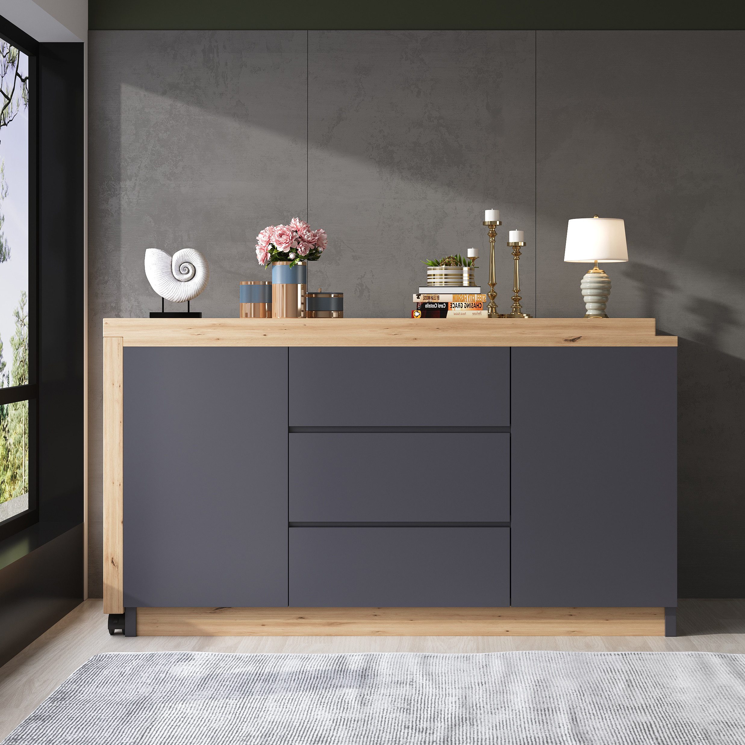 Odikalo Schreibtisch Eckschreibtisch Sideboard Faltbar (Schreibtisch mit feststellbaren Rollen – multifunktionales Design, 4 cm dickere, drehbare Tischplatte, fest arretierbar, Eiche, Faltbarer Schreibtisch, Eckschreibtisch, Sideboard,Dicke Materialie), B
