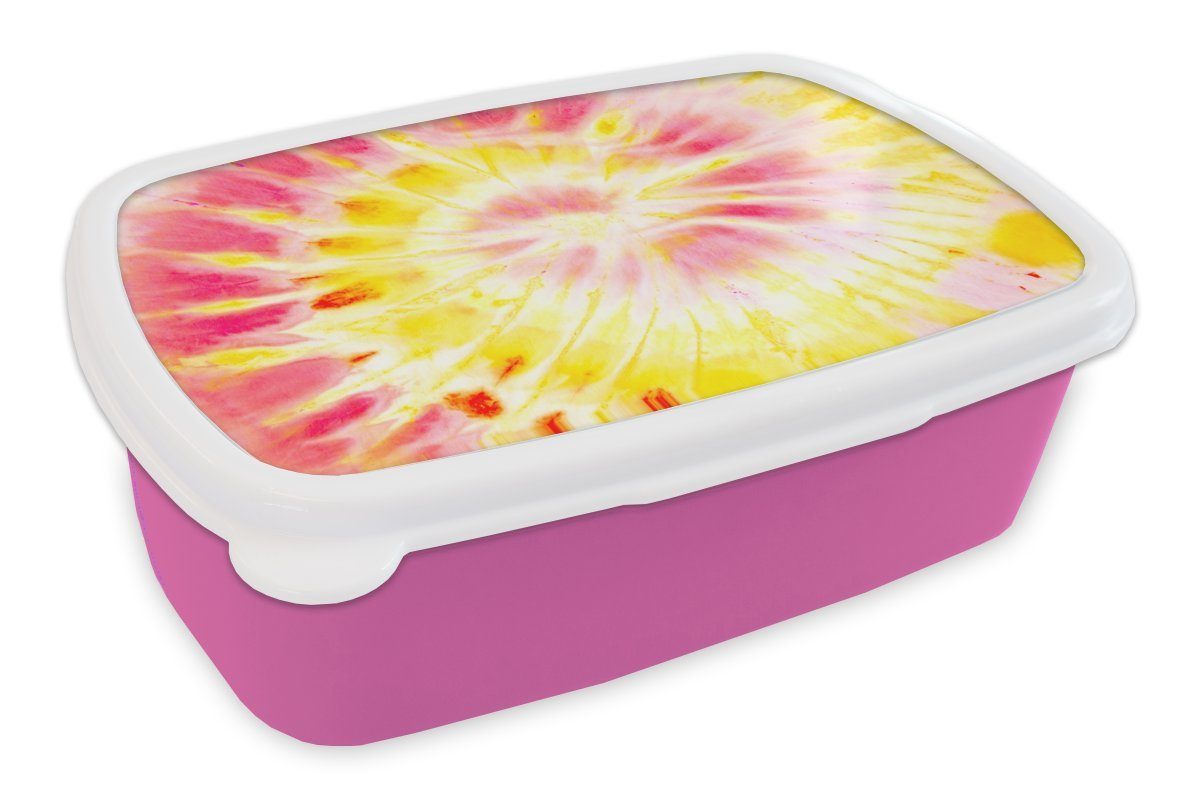 MuchoWow Lunchbox Krawattenfärbung - Lila - Gelb, Kunststoff, (2-tlg), Brotbox für Erwachsene, Brotdose Kinder, Snackbox, Mädchen, Kunststoff rosa