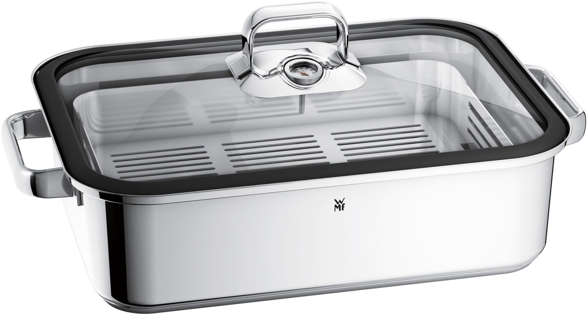 WMF Dampfgartopf Vitalis, Bräter Induktion mit Glasdeckel und Silikonrand, Cromargan® Edelstahl Rostfrei 18/10, Dampfgarer mit integriertem Thermometer, backofengeeignet bis 180 Grad