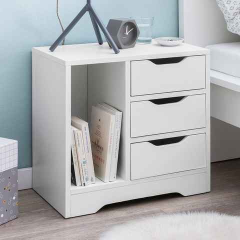 FINEBUY Nachtschrank SuVa13517_1 (49x50x30 cm Weiß Matt 3 Schubladen 1 Ablagefach) Nachtkonsole Modern, Nachtkästchen Schlafzimmer