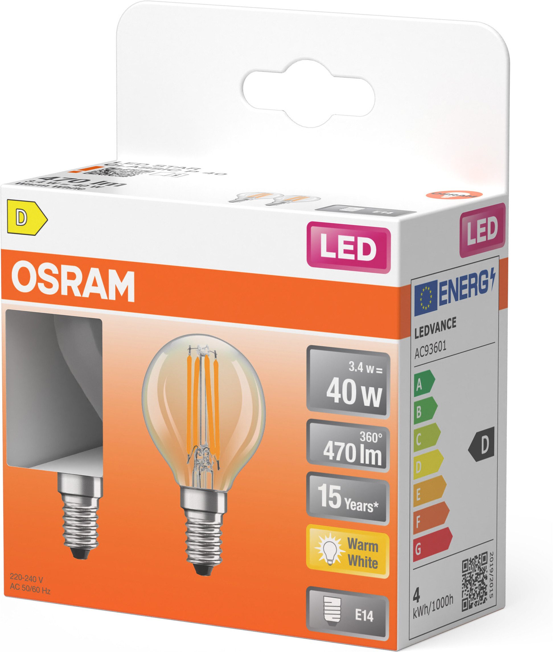 Osram LED-Leuchtmittel LED Retrofit CLASSIC P in P-Form, E14, 2 St., Warmweiß