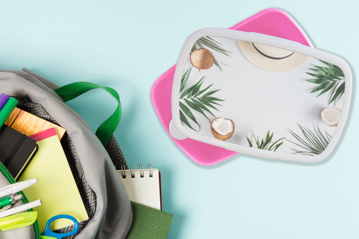 rosa Lunchbox Kokosnüsse, Erwachsene, MuchoWow - Kinder, Sommer (2-tlg), Kunststoff, Brotdose für Kunststoff Brotbox Snackbox, - Palmen Mädchen,