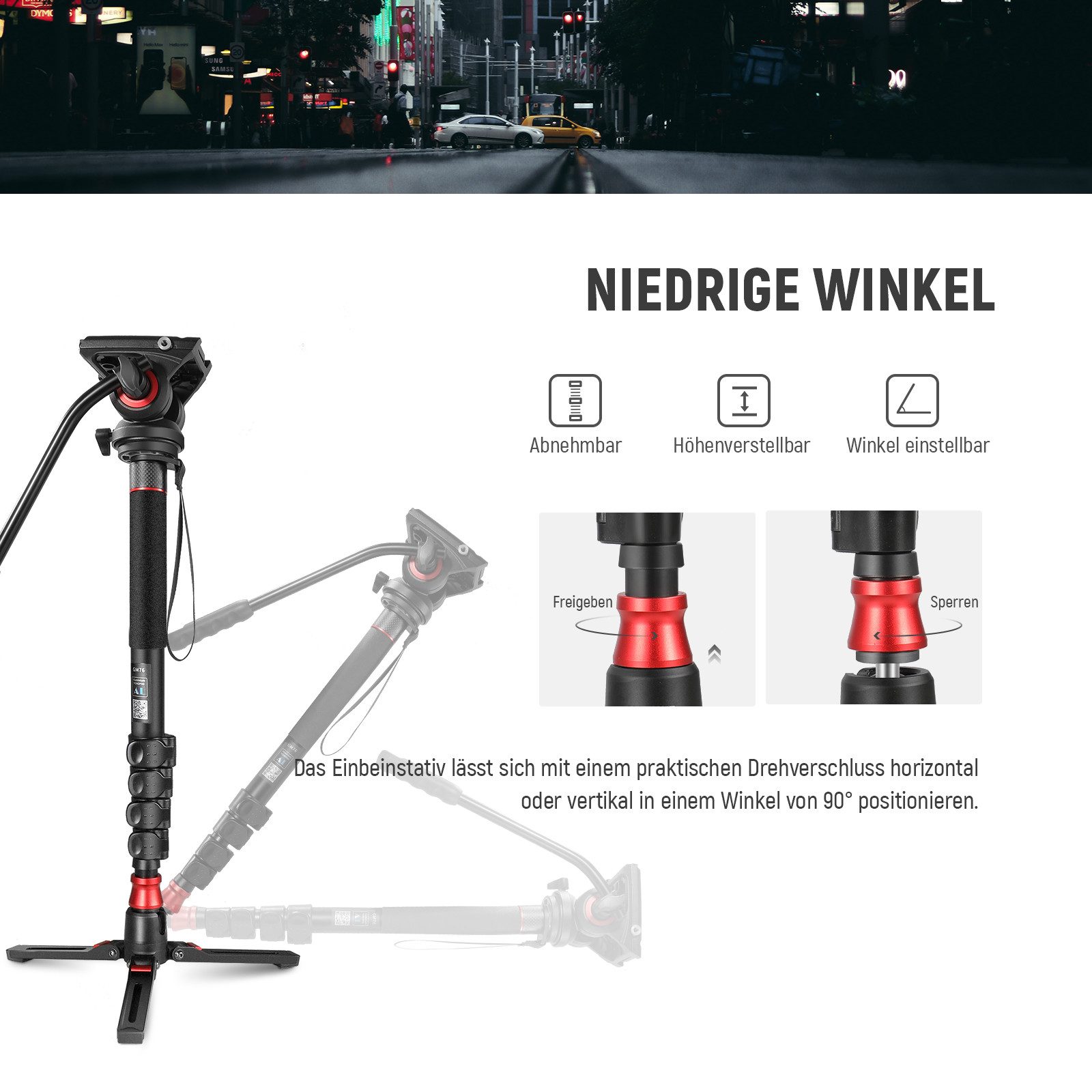 Neewer GM76 Professionelles Kamera Einbeinstativ mit Fluidkopf, Aluminium Einbeinstativ (mit Abnehmbarer Stativfuß, 64-179cm Teleskopisches, für DSLR Kameras)