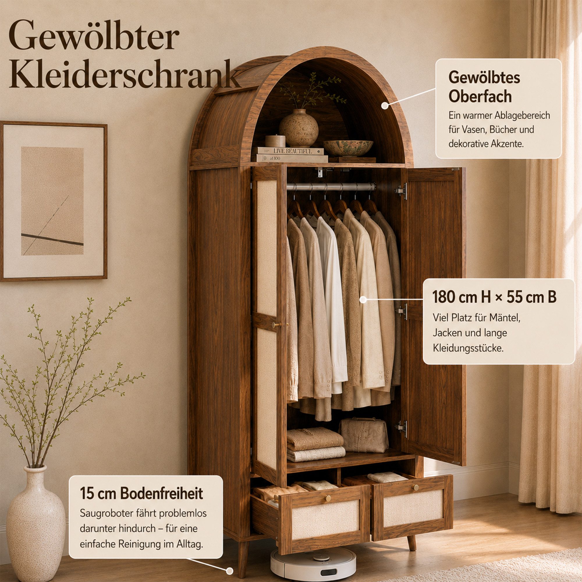 Flieks Kleiderschrank Kleiderschrank Bogenform 80x55x180cm mit Kleiderstange, 2 Schubladen – Bild 4 von 5