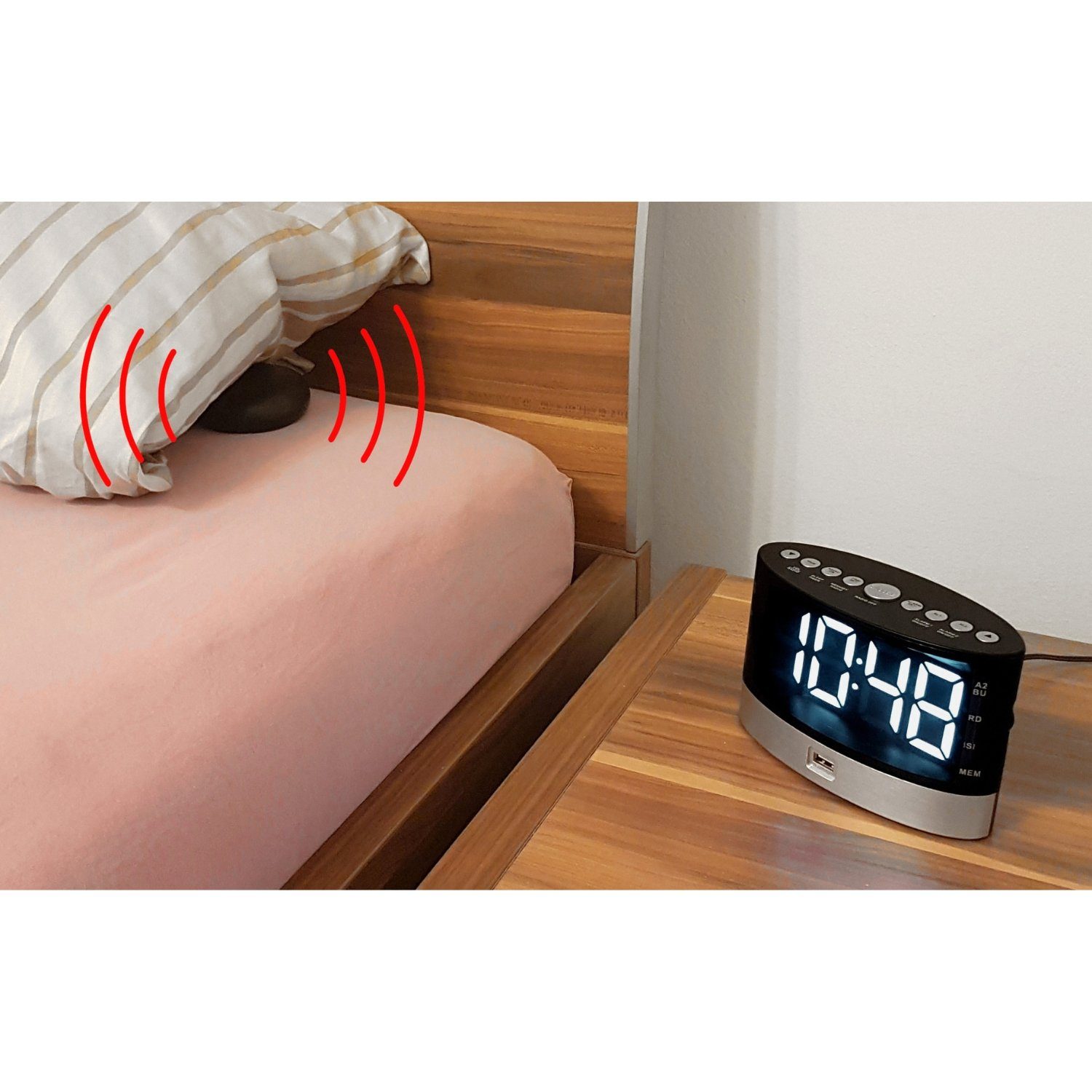 Soundmaster UR580SW Radiowecker Hörgeschädigte kabelloses Vibrationskissen UKW USB Uhrenradio