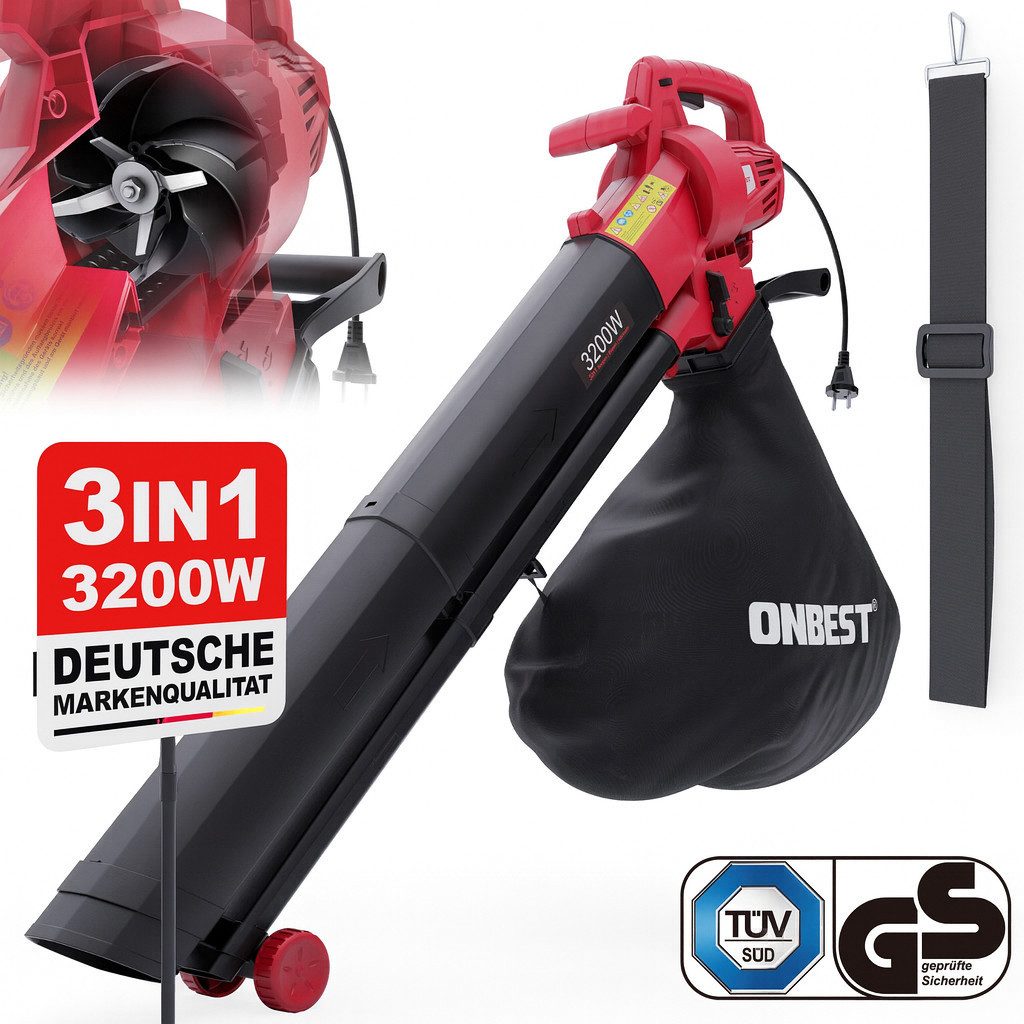 Onbest Elektro-Laubbläser LV3245 3in1 Повітродувка листя Laubhäcksler, 10:1 Mulchen, 45L Fangsack, 3200W