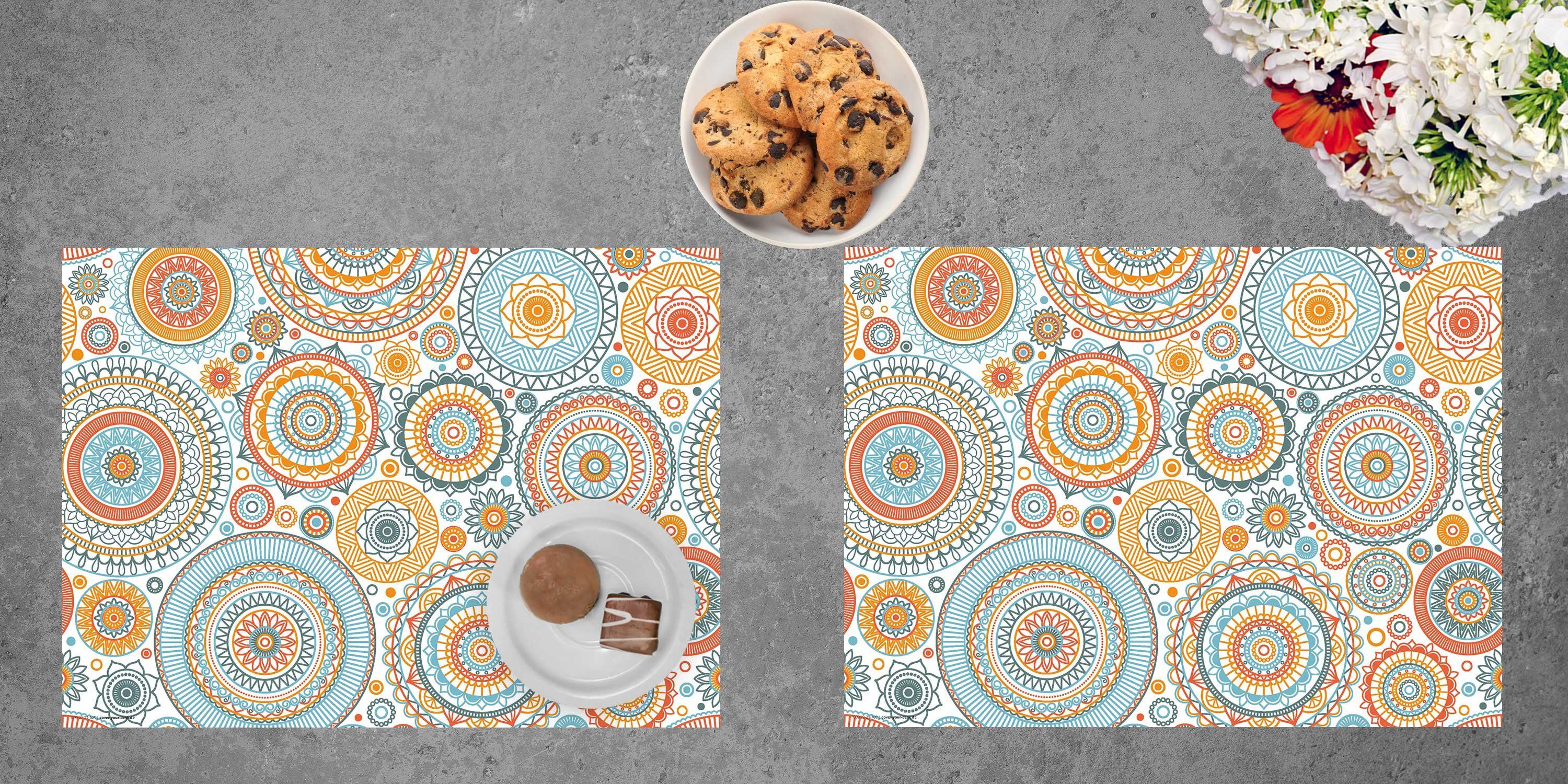 cover-your-desk.de Platzset Tischset, Platzset abwaschbar - Mandala mit Kreisen - aus Premium Vinyl (Kunststoff - BPA-frei) - 4 Stück - 44 x 32 cm - rutschfeste Tischdekoration!, (4-St)