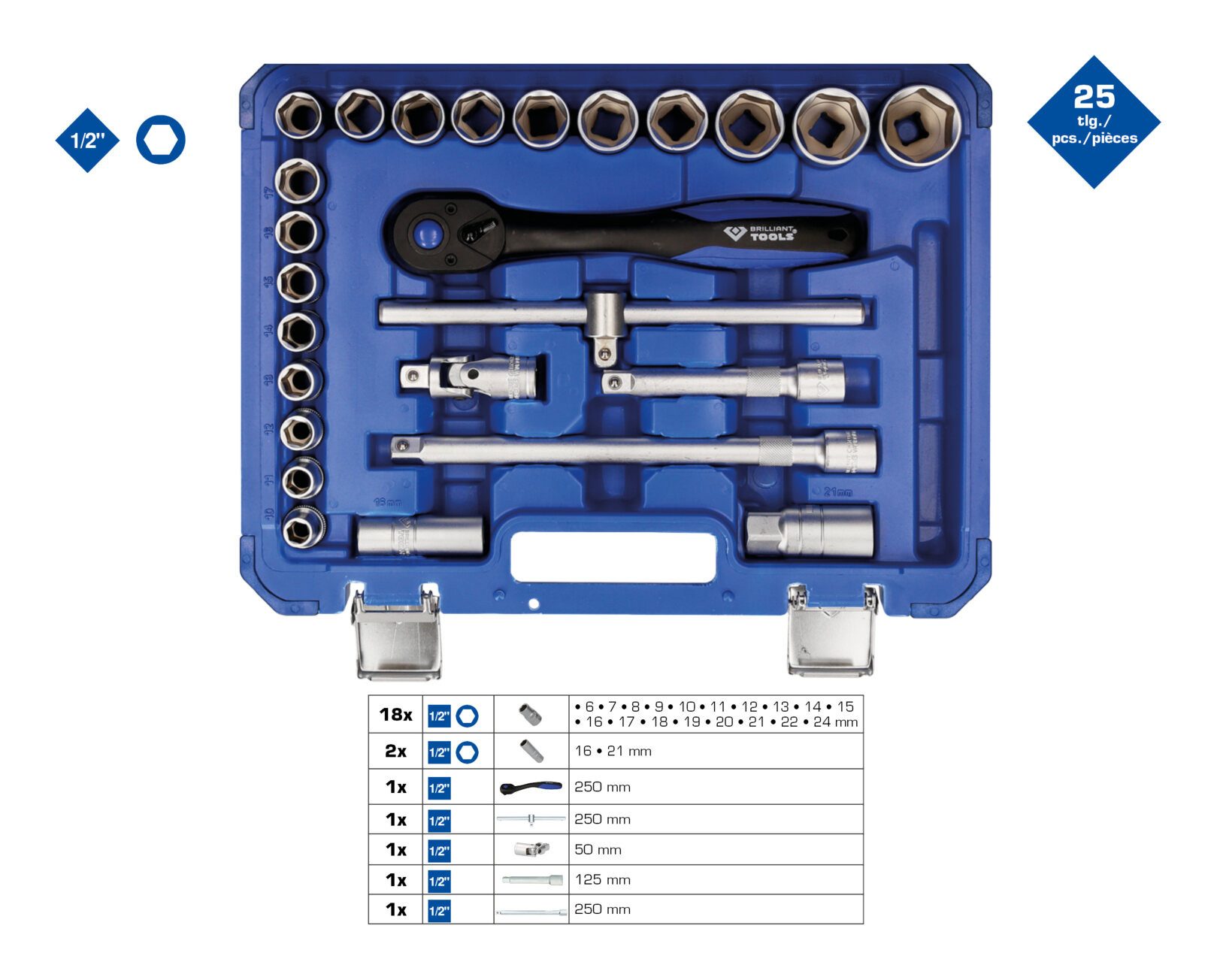 Brilliant Tools Steckschlüssel (25 St), 1/2" Satz, 25-teilig
