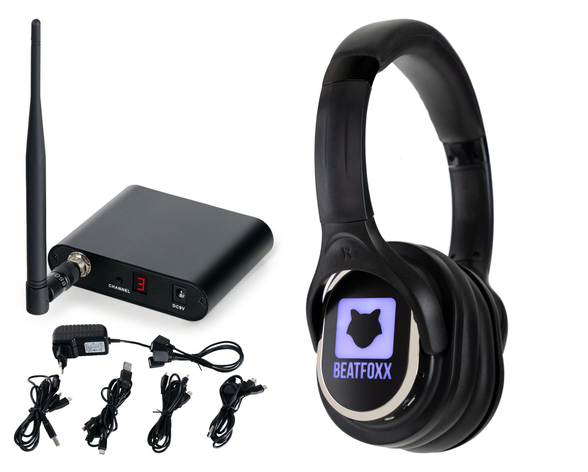 Beatfoxx SCBS-41 Silent Disco Silent V2 (Wireless 3 Band UHF-Technik, 4 mit für Kopfhörern Kanäle) 1 Sender Funk-Kopfhörer empfangbare Kopfhörer und Stereo Set Disco-Anwendungen