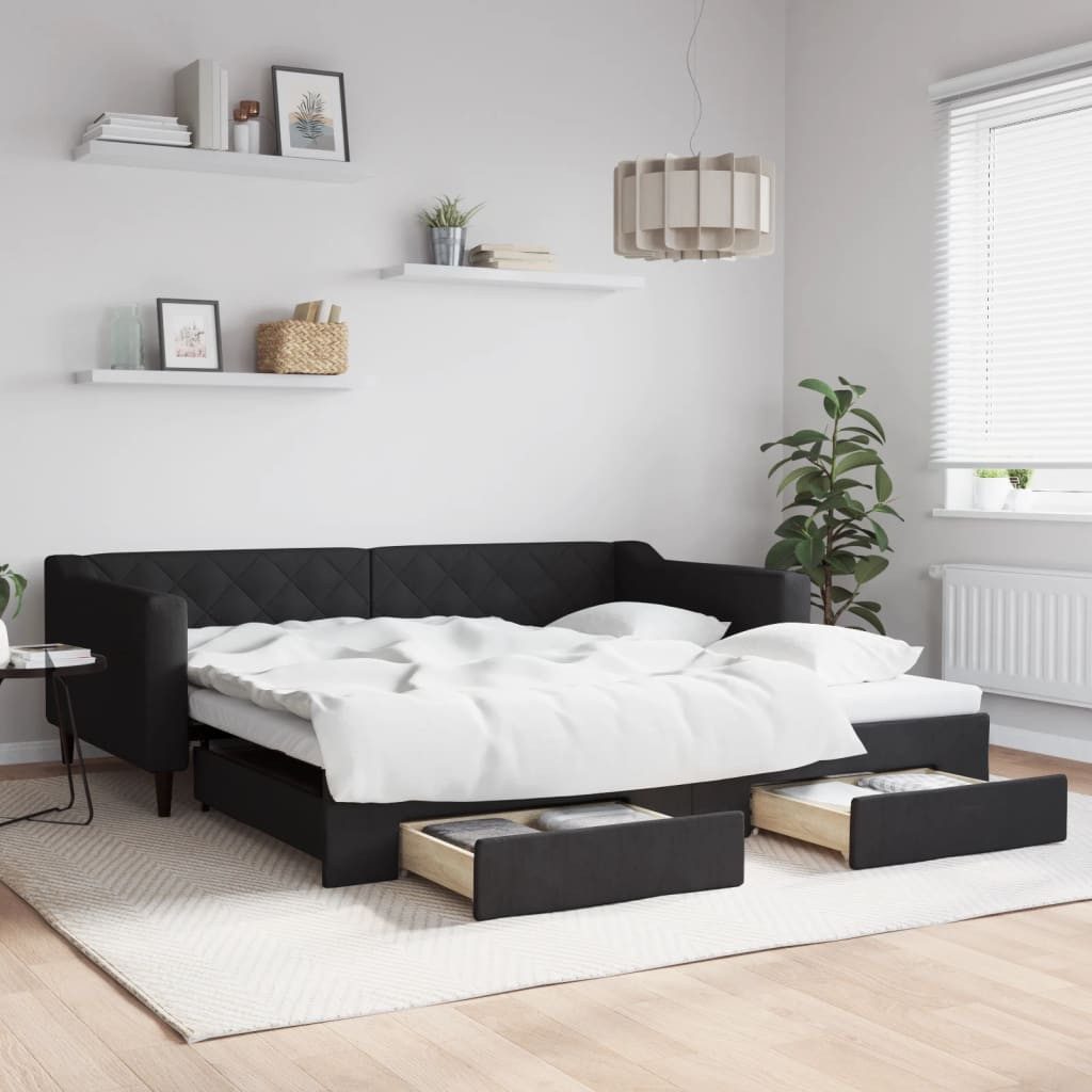 vidaXL Daybed, Tagesbett Ausziehbar mit Schubladen Schwarz 100x200 cm Stoff