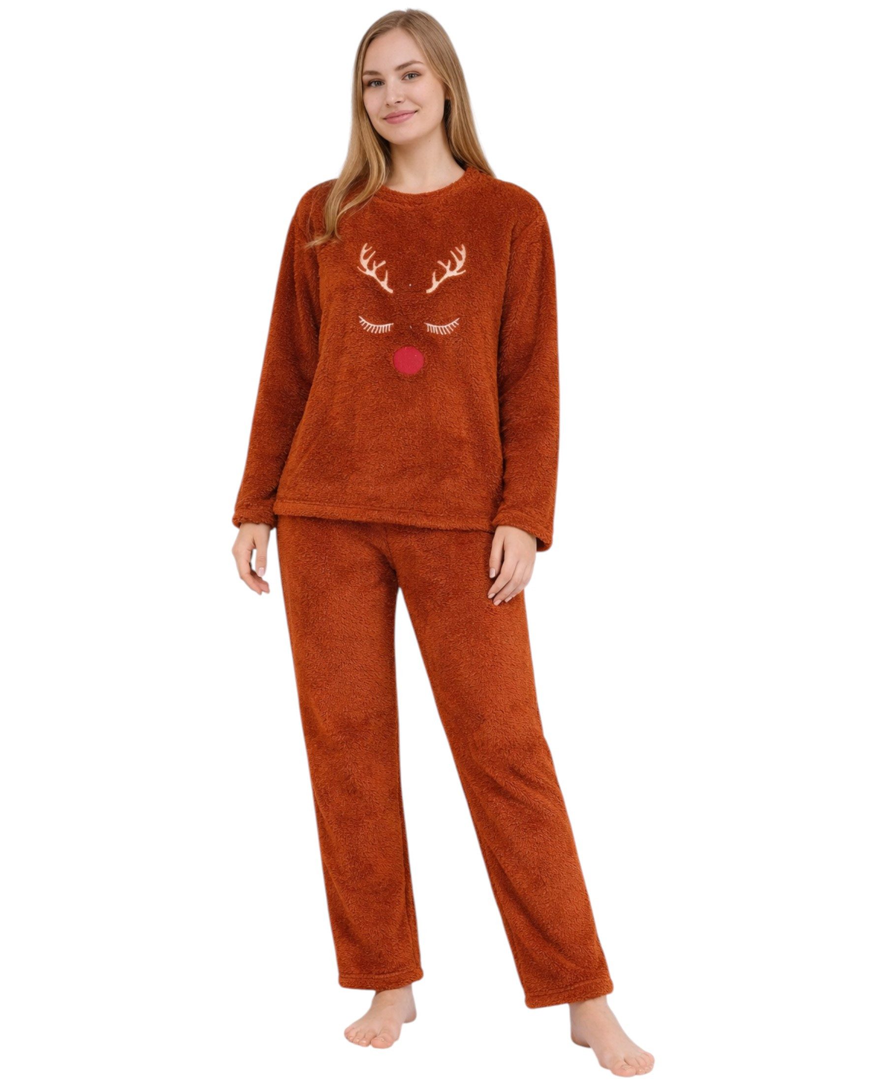 fashionshowcase Hausanzug Damen Winter Pyjama Set Schlafanzug Plüsch Zweiteiler weich (Zweiteiliges Set (Langarmshirt und Hose) Kuscheliger Plüschstoff, modernes Design mit Schriftzug