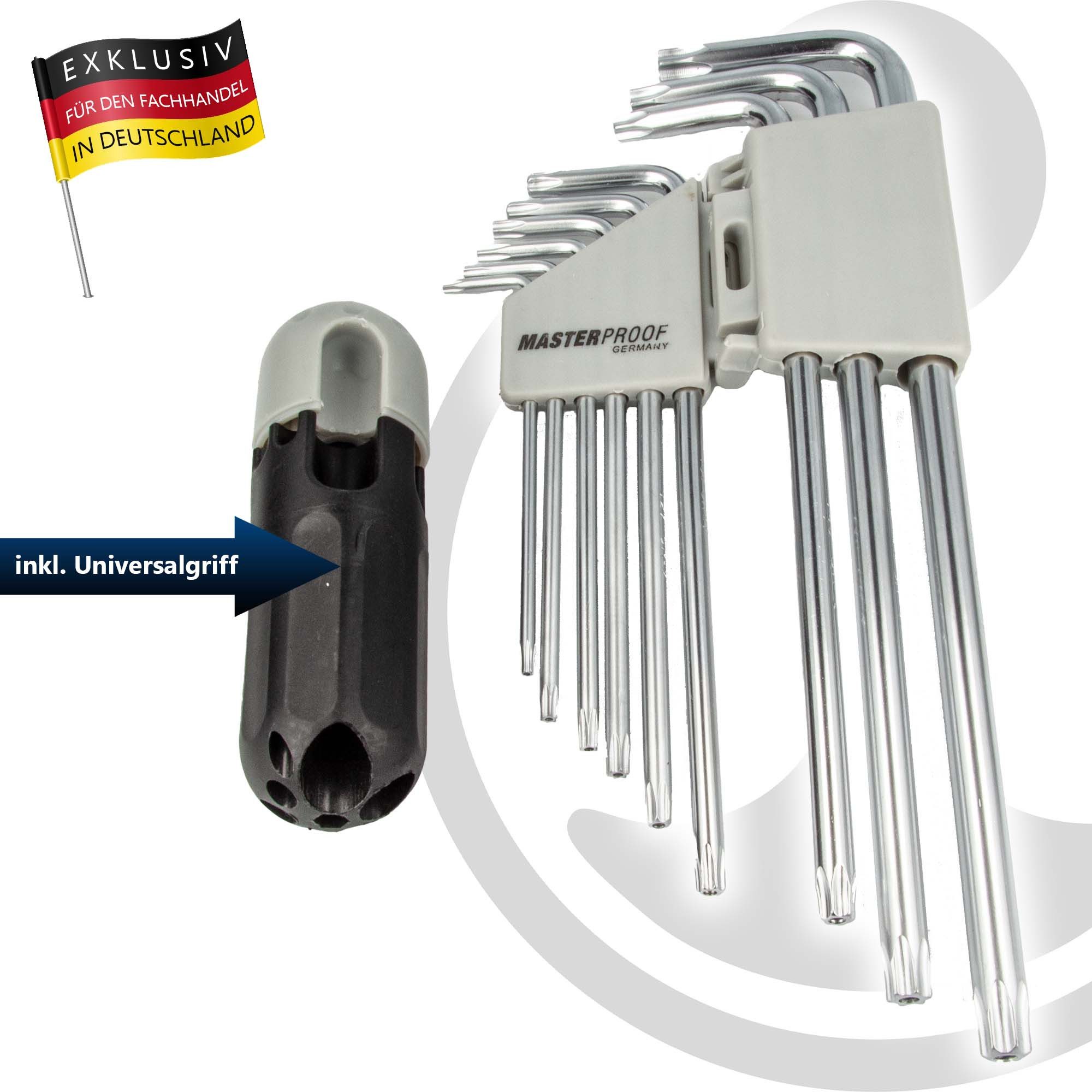 Thumbnail - MASTERPROOF PROFESIONAL Steckschlüssel TRX Stiftschlüsselsatz 9-tlg. T10 15 20 25 27 30 40 45 50 mit T-Halter
