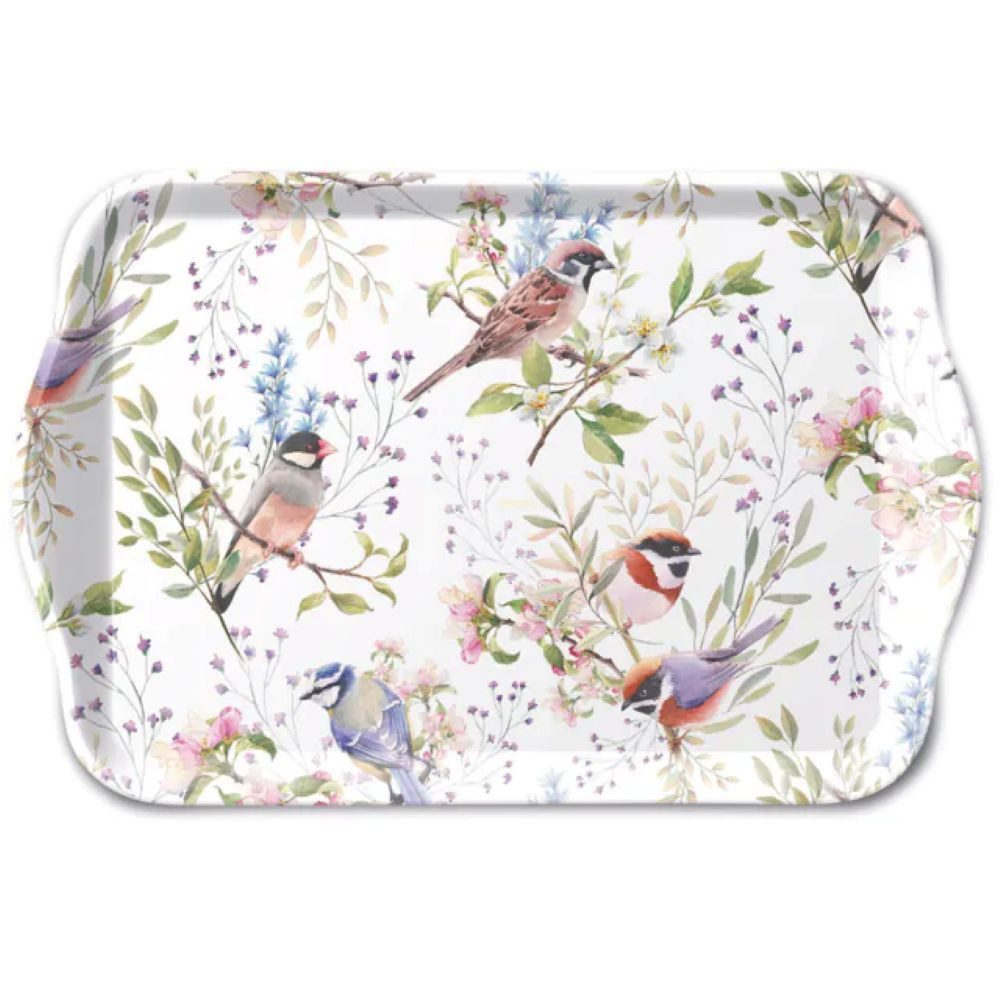 Ambiente Luxury Paper Products Kaffeeservice Blumen - Pflanzen, Tiere, Vögel, Vogel, Vogelmotiv- Blumenmotiv (20-tlg), Ambiente Tablett - Ambiente, Busy Birds, Tablett, Melamin Tablett, Serviertablett, kleines Tablett, Vogelmotiv, Vögel, Blumen, bunt, Naturmotiv, Frühling, Garten, Küchenaccessoire, Dekotablett, Ideal für Geschenk, Kaffeetafel, Gartenfest, Tischdeko