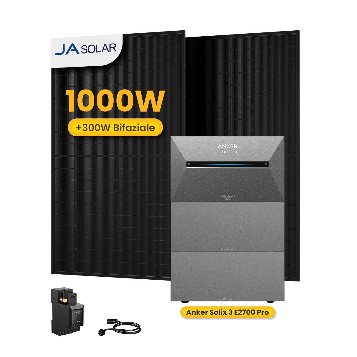 Anker Balkonkraftwerk 1000W Anker SOLIX Solarbank 3 E2700 Pro mit Smart Meter, 0-5x BP2700, (Smart Meter und 2x JASolar 500Wp Full Black im Lieferumfang enthalten), Speicher mit integriertem Wechselrichter, All-in-One 2,668kWh Akku