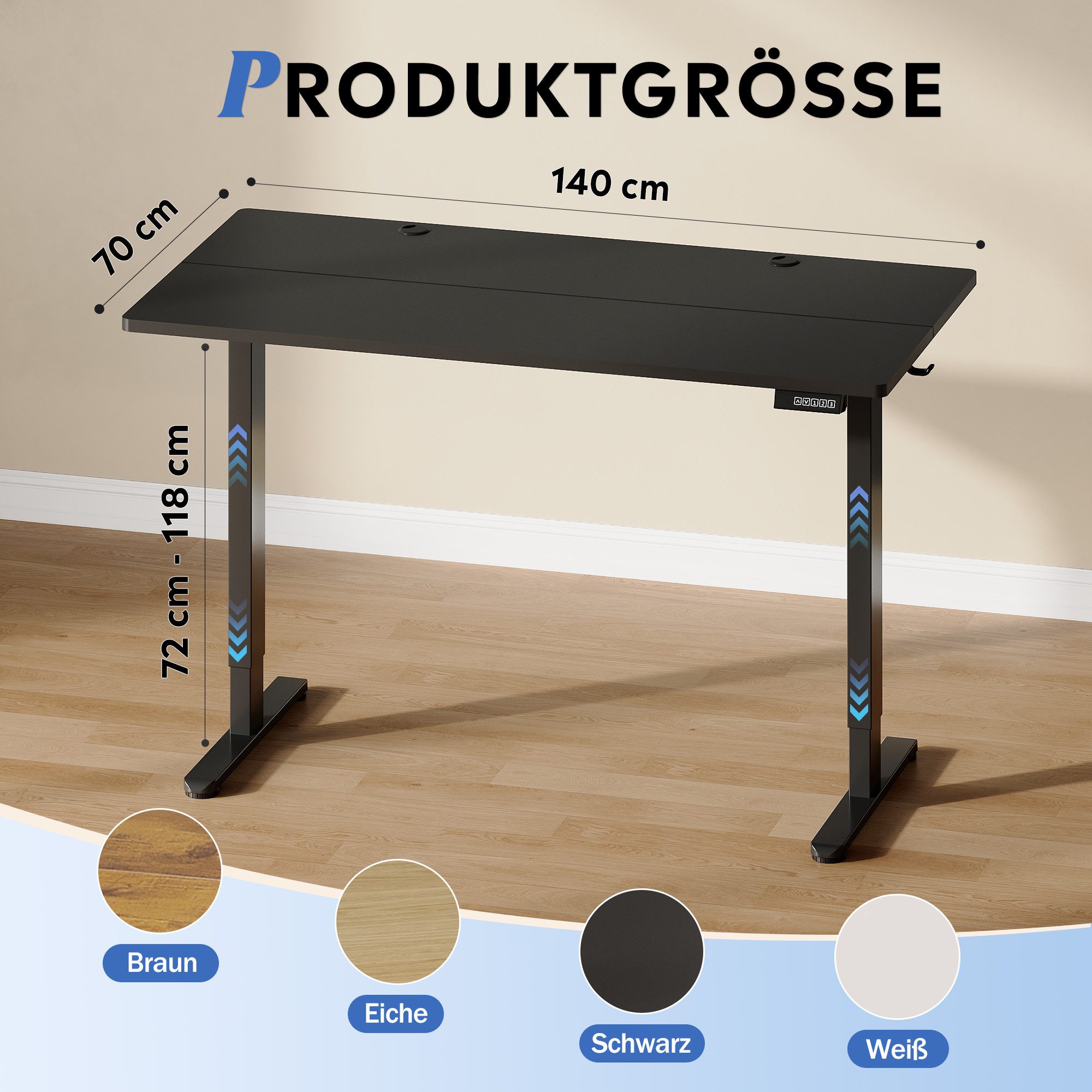 DEVAISE Schreibtisch Höhenverstellbarer Schreibtisch elektrisch 100×60 cm (Höhenverstellung 72–118 cm, Memory-Funktion für 3 Höhen, leise <50 dB, 140x70 cm 1 Tisch), Ergonomischer Computertisch für Büro, Home Office, Farbe Eiche