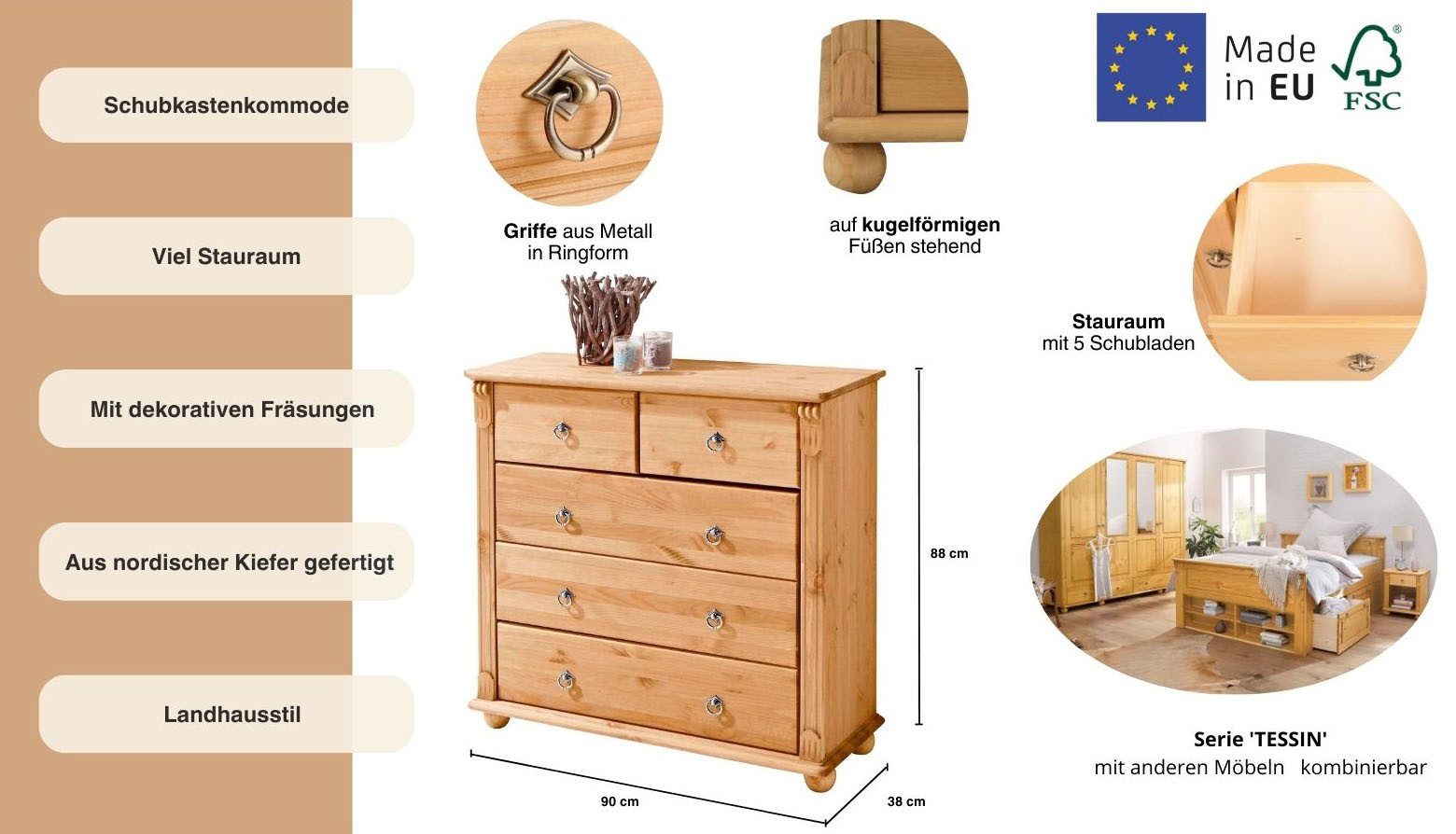 OTTO home Schubkastenkommode Tessin, aus massiver, FSC zertifizierter Kiefer, mit 5 Schubladen
