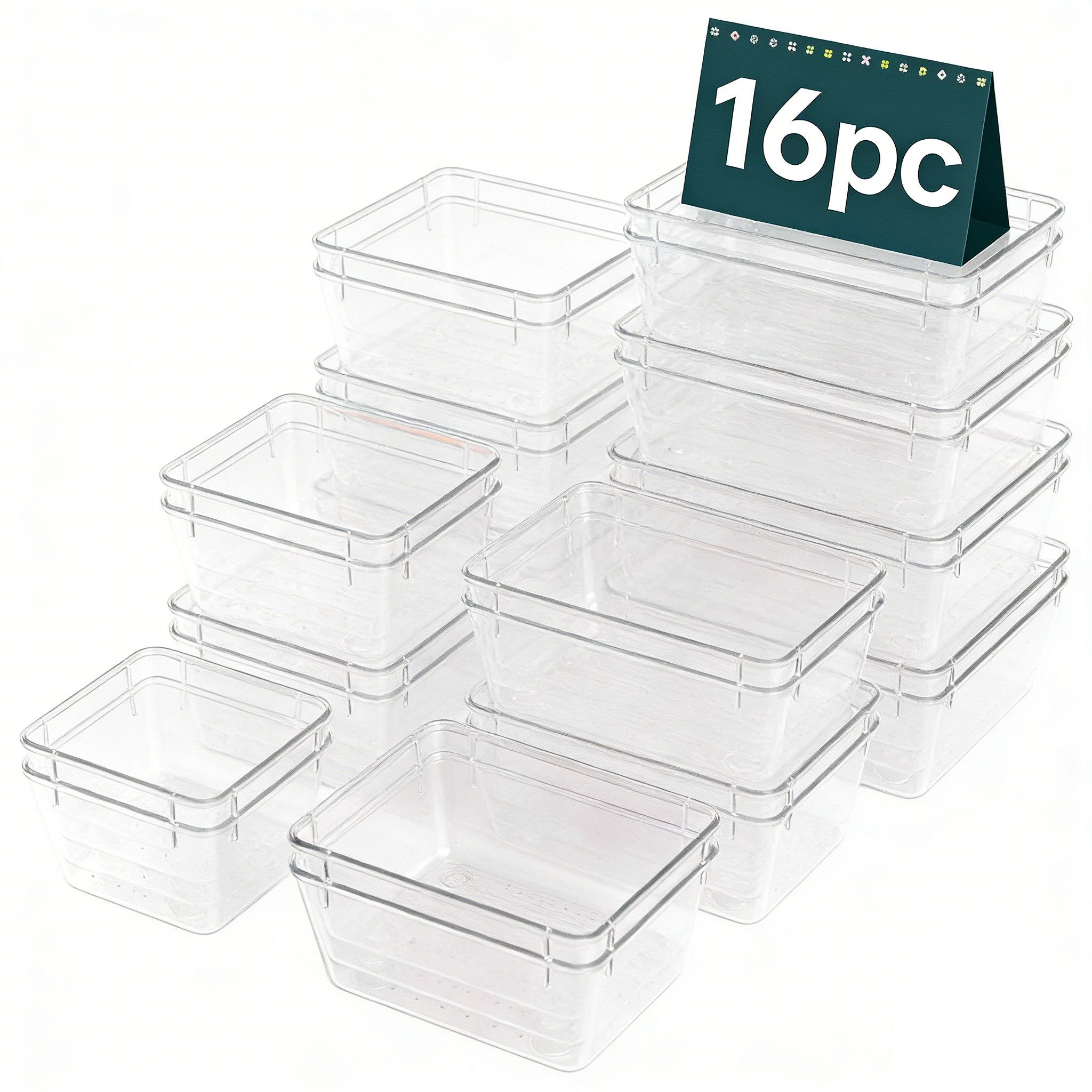 HEYHIPPO Schubladenbox 16 Schubladen-Organizer,5 Größen von Aufbewahrungsboxen für Krimskrams, (16er-Packung, Büroaufbewahrung, Kosmetik-Aufbewahrungsbox-Set, rutschfest), Transparenter Kosmetik-Trennorganizer aus wasserdichtem PET-Material