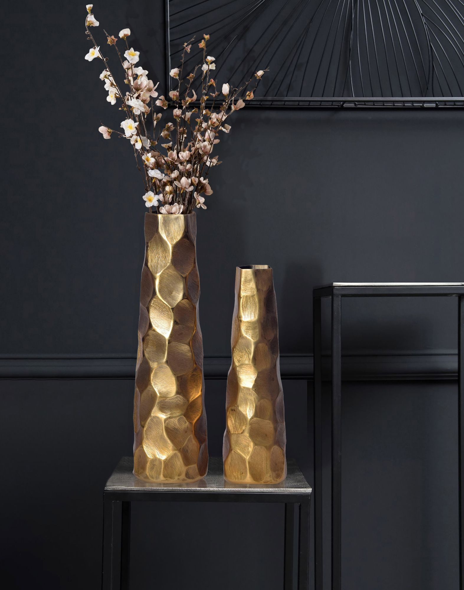 FINEBUY Dekovase FB65105 Vase 2er Set Blumenvase Aluminium Tischvase Hammerschlag (Vase 2er Set Aluminium Gold Modern Hammerschlag), Blumenvase 2-teilig, Tischvase Wohndeko Tischdeko