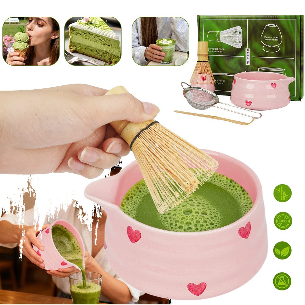 AKKEE Teeservice Matcha Set mit Teeschale, Matchabesen und Besenhalter, 1 Personen, 5 Artikel Matcha-Zubehör aus Keramik