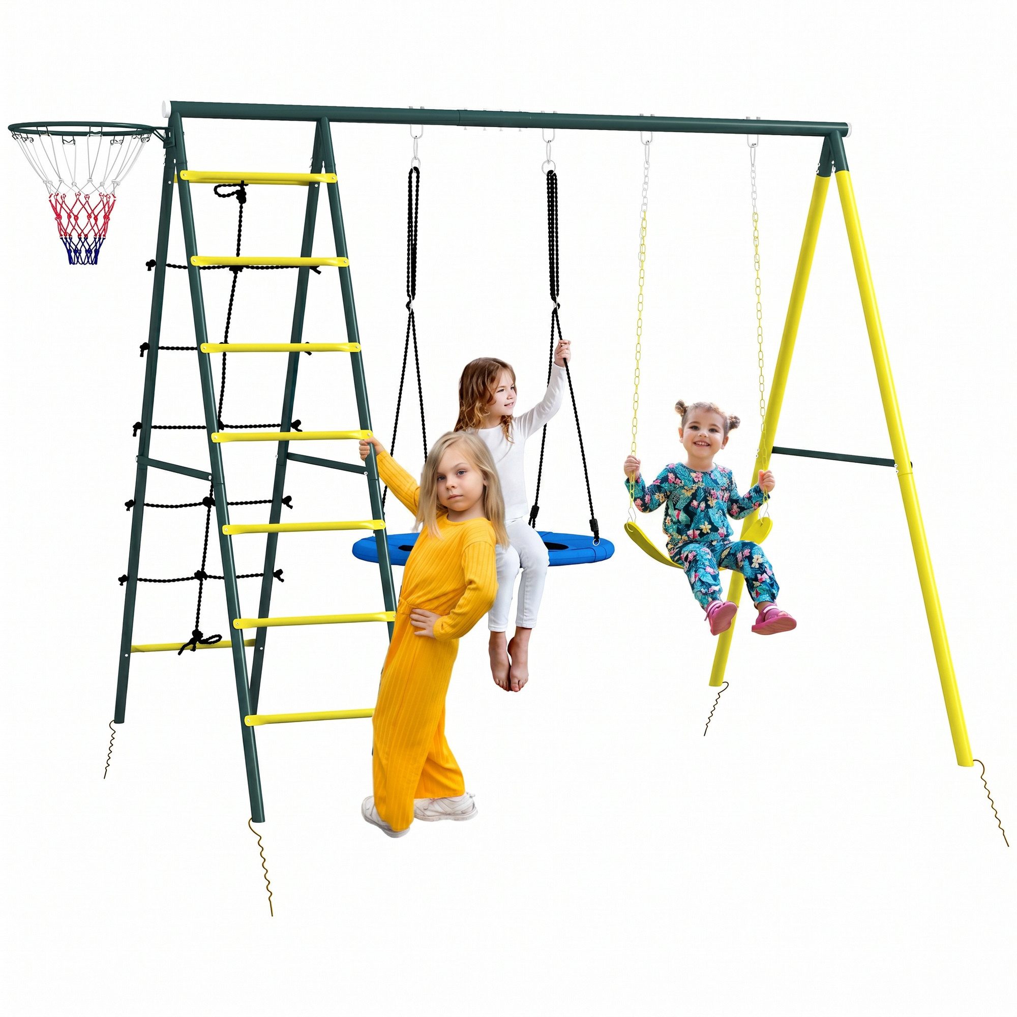 Outsunny Einzelschaukel 4-in-1 Schaukel, 2 Schaukeln, Basketballkorb, Kletterleiter, 160kg, (Schaukelgerüst, 1-tlg., Gartenschaukel), für Kinder 3-8 Jahre, Stahl, 2,67 x 1,8 x 2,02 m