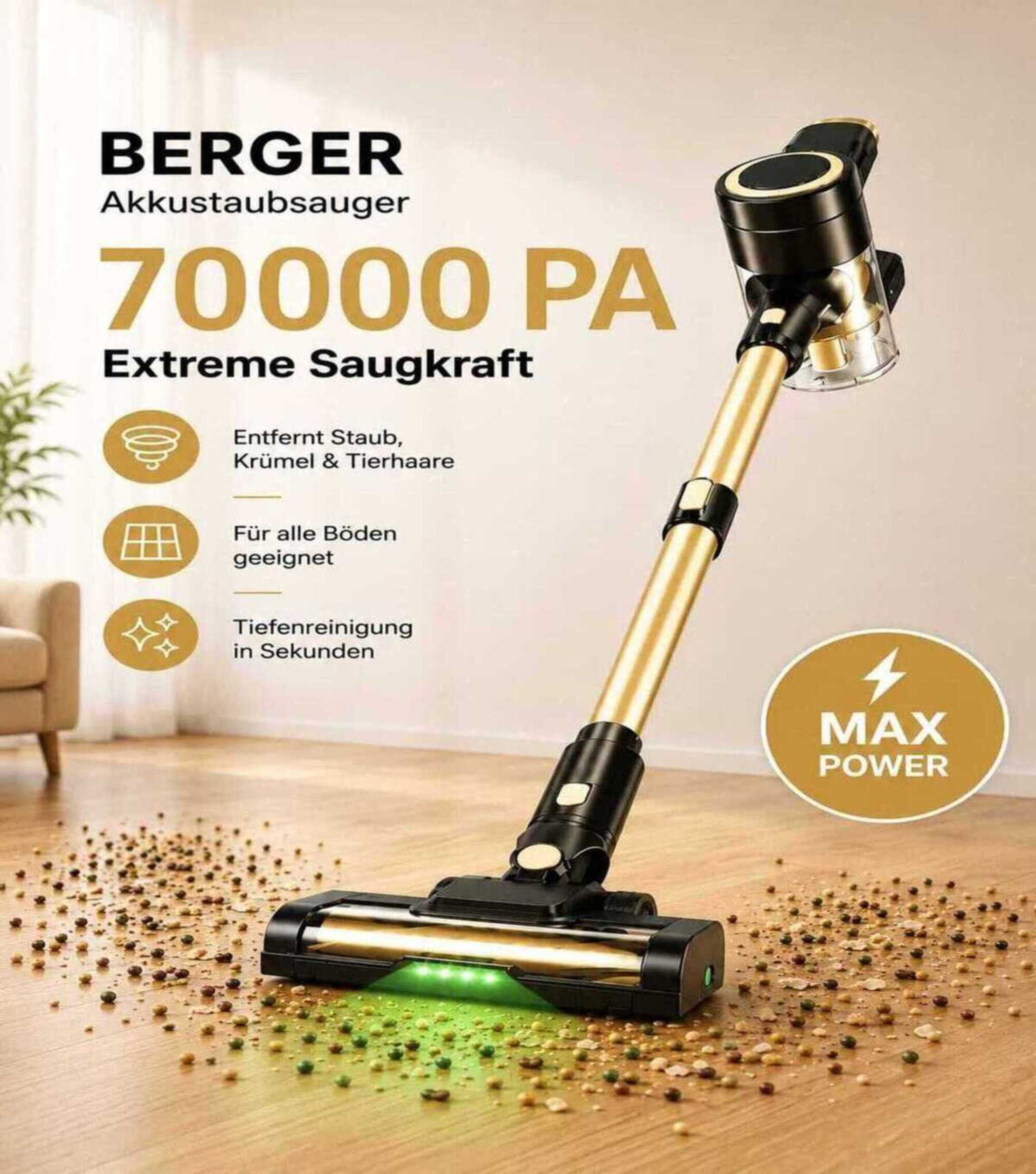 BERGER ELECTRONICS Stielstaubsauger Staubsauger Kabellos, Akku Staubsauger, Akku-Stielstaubsauger, beutellos, 70000 Pa, 60 min Laufzeit, Handstaubsauger