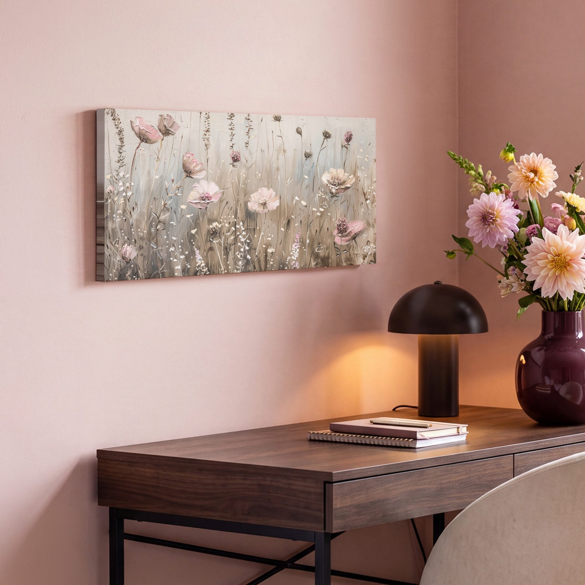 OneMillionCanvasses® Leinwandbild Panorama Blumen - Rosa - Modern - Beige, Fotodruck (1 St), Wandbild, Deko Schlafzimmer Wohnzimmer Flur 40x20 cm – Bild 4 von 5