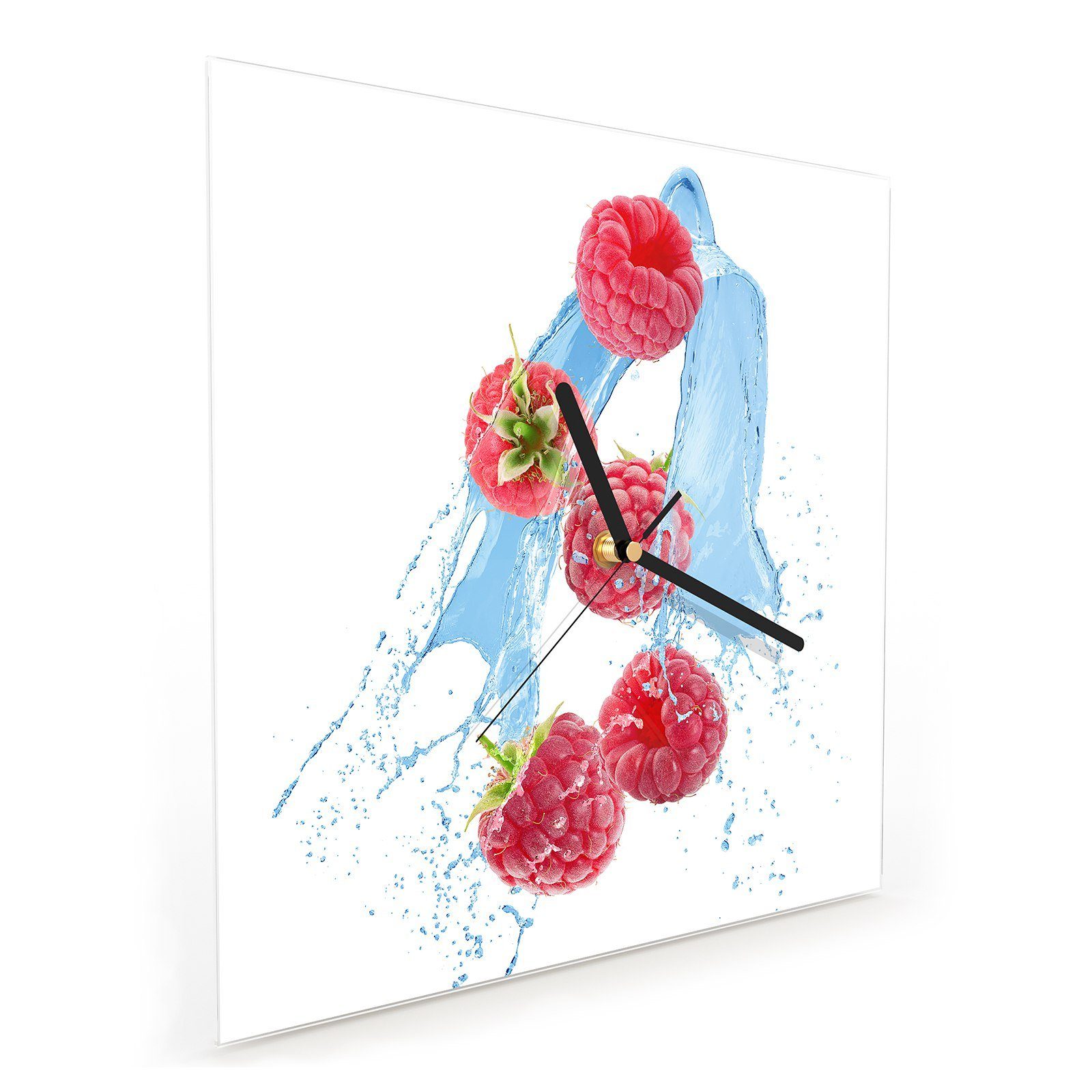 Wanduhr Wanduhr Größe 30 Wandkunst Primedeco Wassersplash Glasuhr cm im 30 x mit Motiv Himbeeren