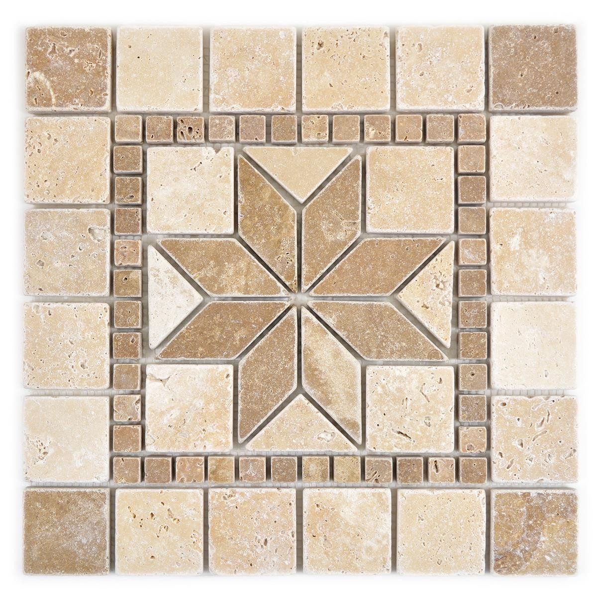 Mosafil Mosaikfliesen Naturstein Rosone Clayton Beige Braun 30x30cm, Naturstein-Travertin 30.500x30.500, beige-braun, Verlegefertig auf ein Netz geklebt - Frostsicher - Wasserfest -