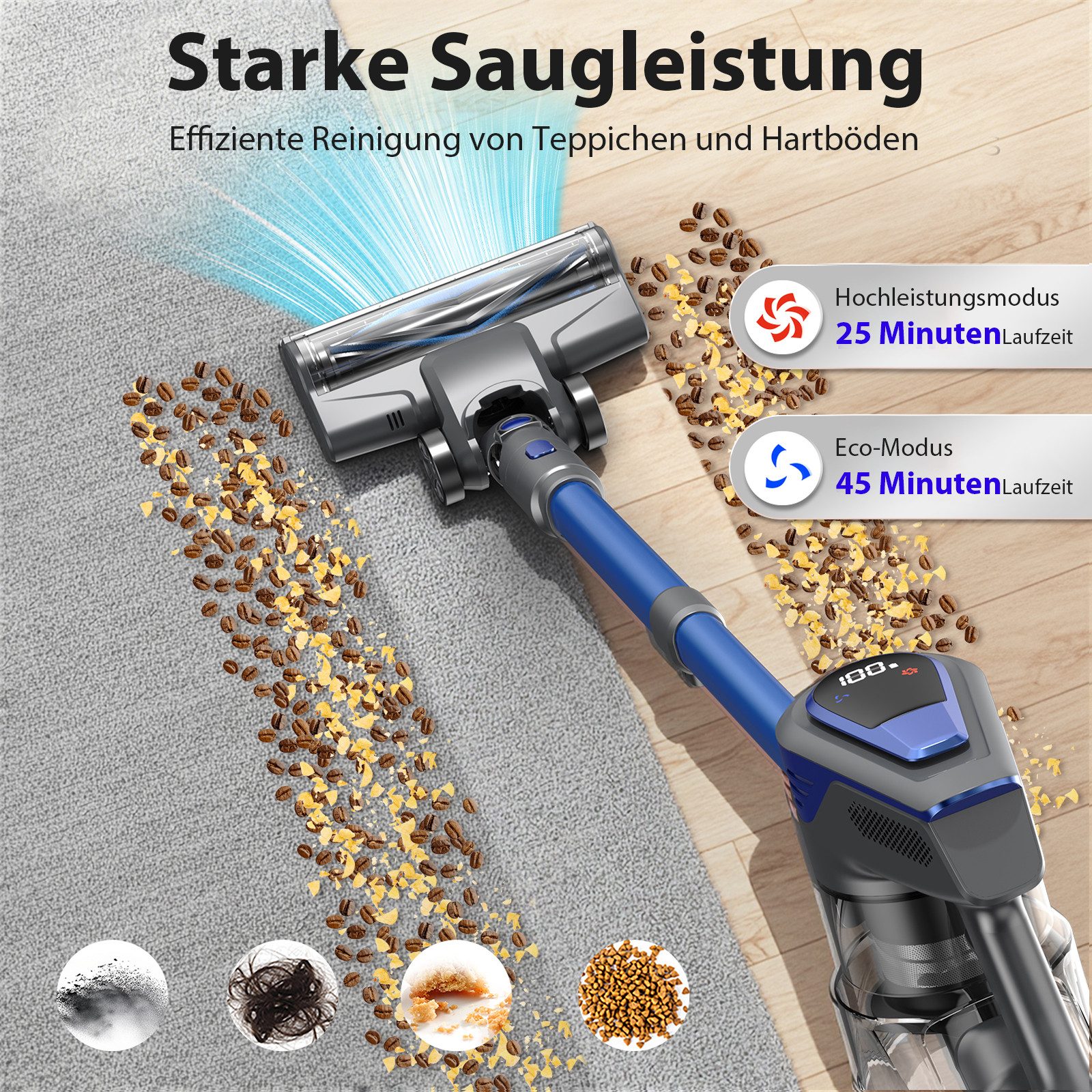 Grenintol Akku-Hand-und Stielstaubsauger 48000Pa Akku Staubsauger,Akku Handstaubsauger,Akkusauger Kabelloser, 300 W, beutellos, 6×2600mAh Hochleistungsakku • Leiser Betrieb
