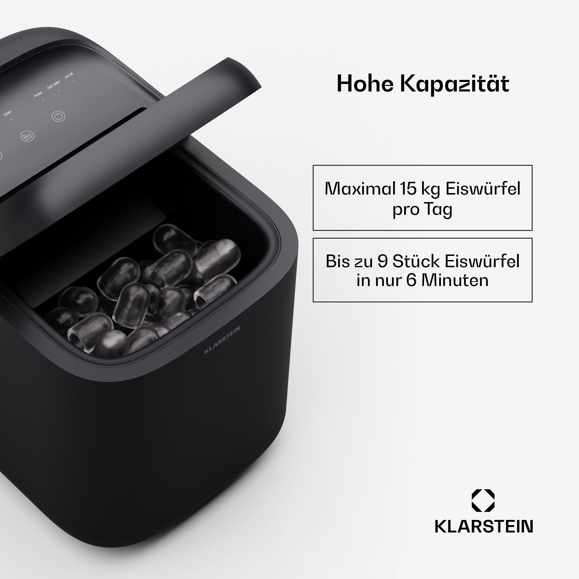 Klarstein Eiswürfelmaschine SparkIce Eismaschine 15 kg/24h 1,5L 2 Modi 6 Min. Touch Auto-Reinigung, Ice Maker Eiswürfelmaschine elektrisch mit Wassertank 1,5L Display