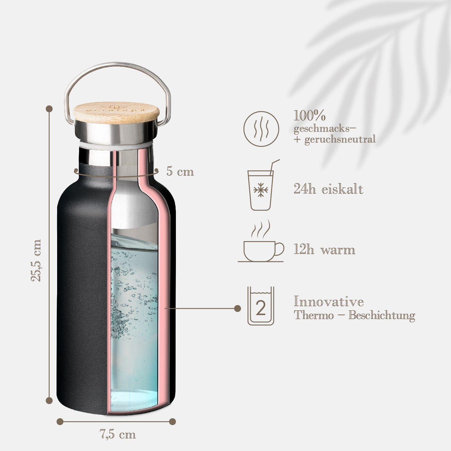 Trinkflasche Edelstahl, Schwarz auslaufsicher 750ml Thermosflasche, BPA-Frei, ecoroyal 750ml Edelstahl - Thermoflasche