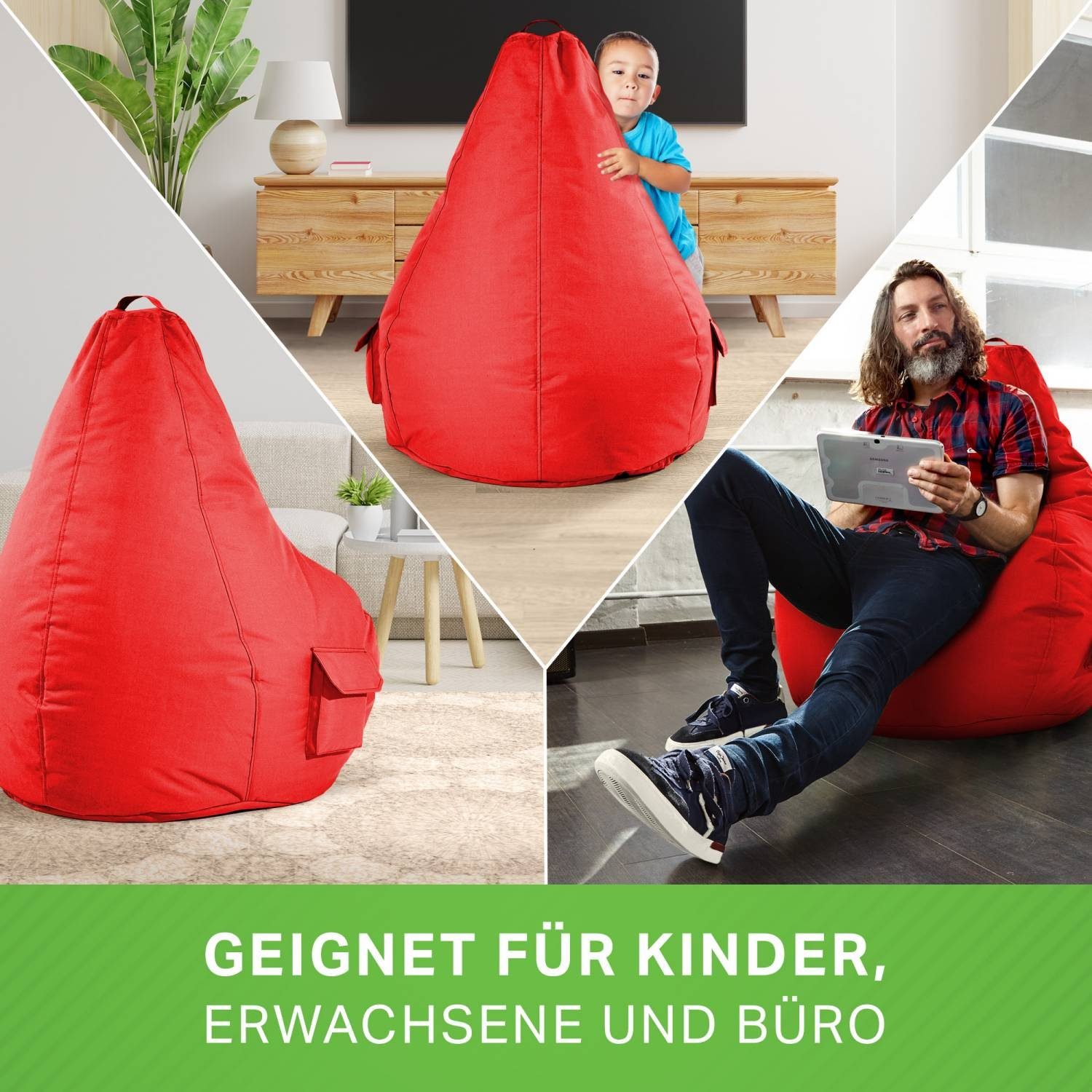 befüllt - + Bean Bodenkissen), Sitzsack waschbar Bag Relax-Sessel Sitzhocker Set Gamingstuhl Pouf Kinder Hocker - fertig Green robust & Erwachsene schmutzabweisend (2er -, Cozy+Cube Gamer Sitzsack Rot Lounge Bean