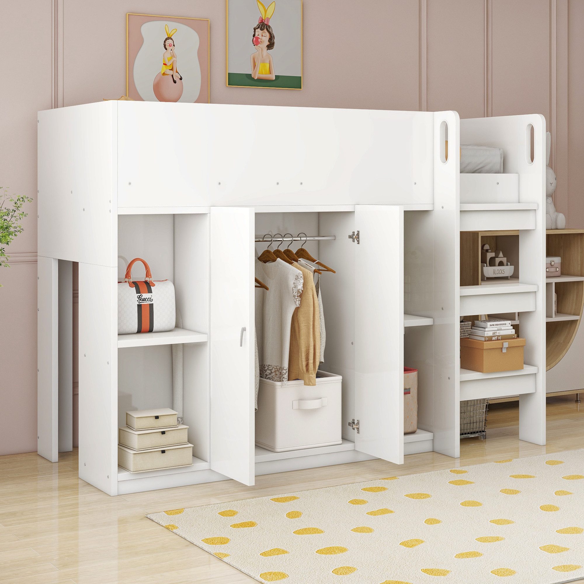 Flieks Hochbett Kinderbett 90x200cm mit Kleiderschrank, günstig online kaufen