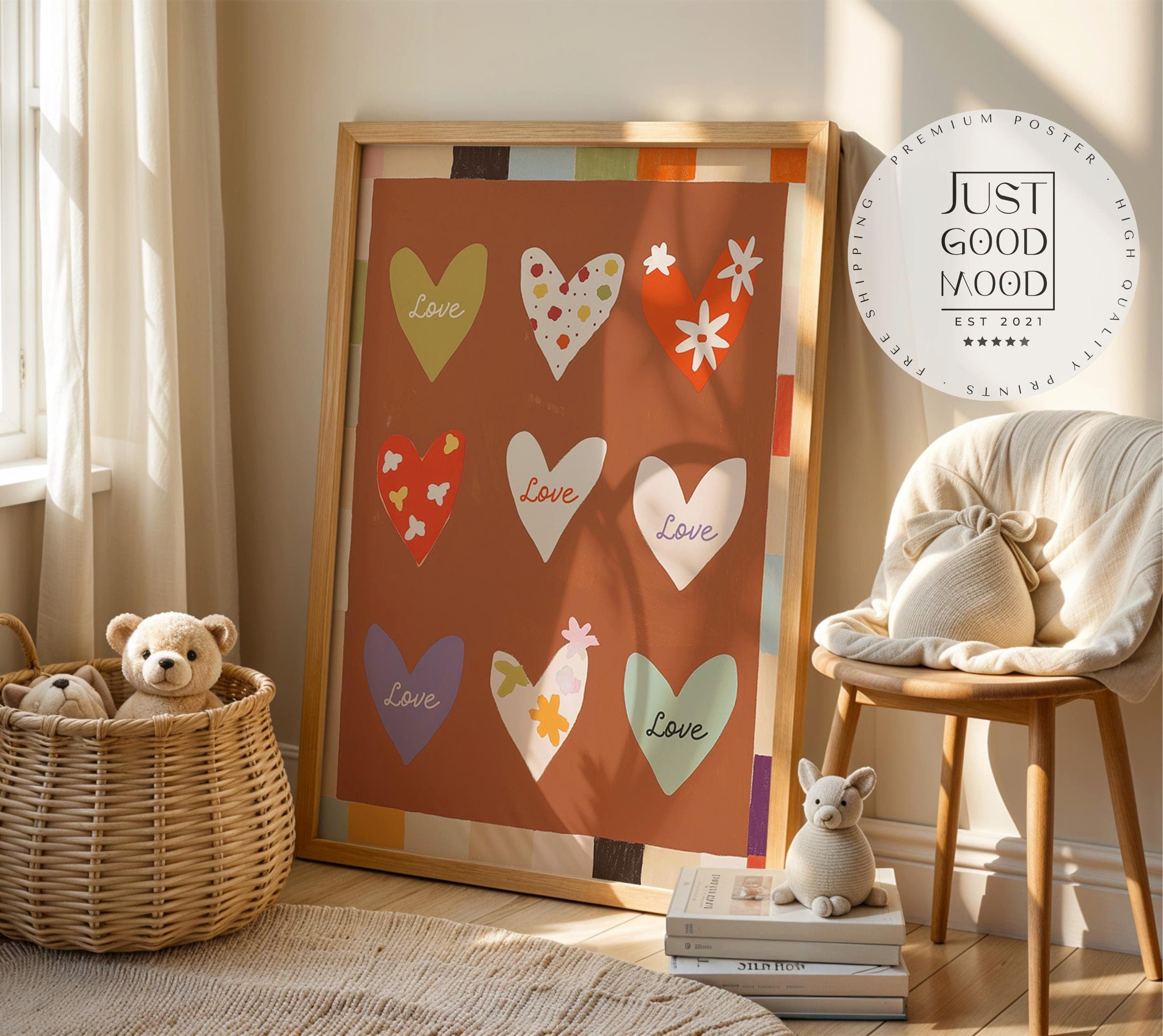 JUSTGOODMOOD Poster Kinderzimmer Herzen Love Design mit Blumen Mustern Warme Farben Liebev, (1 St)