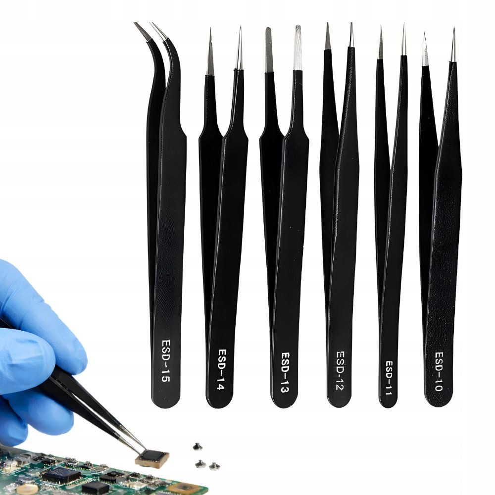 VERK GROUP Präzisionspinzette 6x ESD Präzisionspinzetten Set Edelstahl Antistatisch Modellbau, Set, 6-tlg., ESD-antistatisch, 6 verschiedene Spitzen