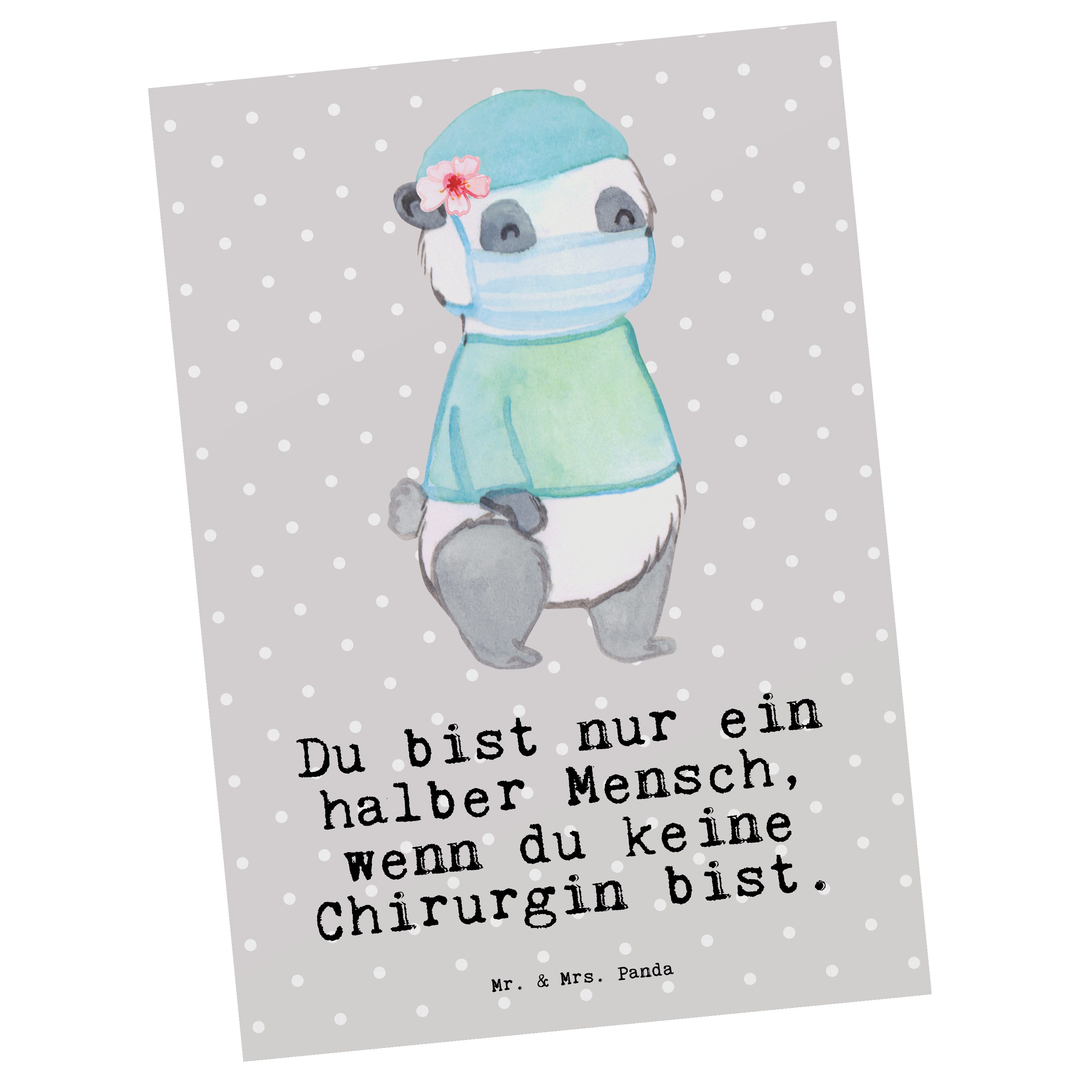 Mr. & Mrs. Panda Postkarte Chirurgin mit Herz - Grau Pastell - Geschenk, Notfallchirurgin, Ansic