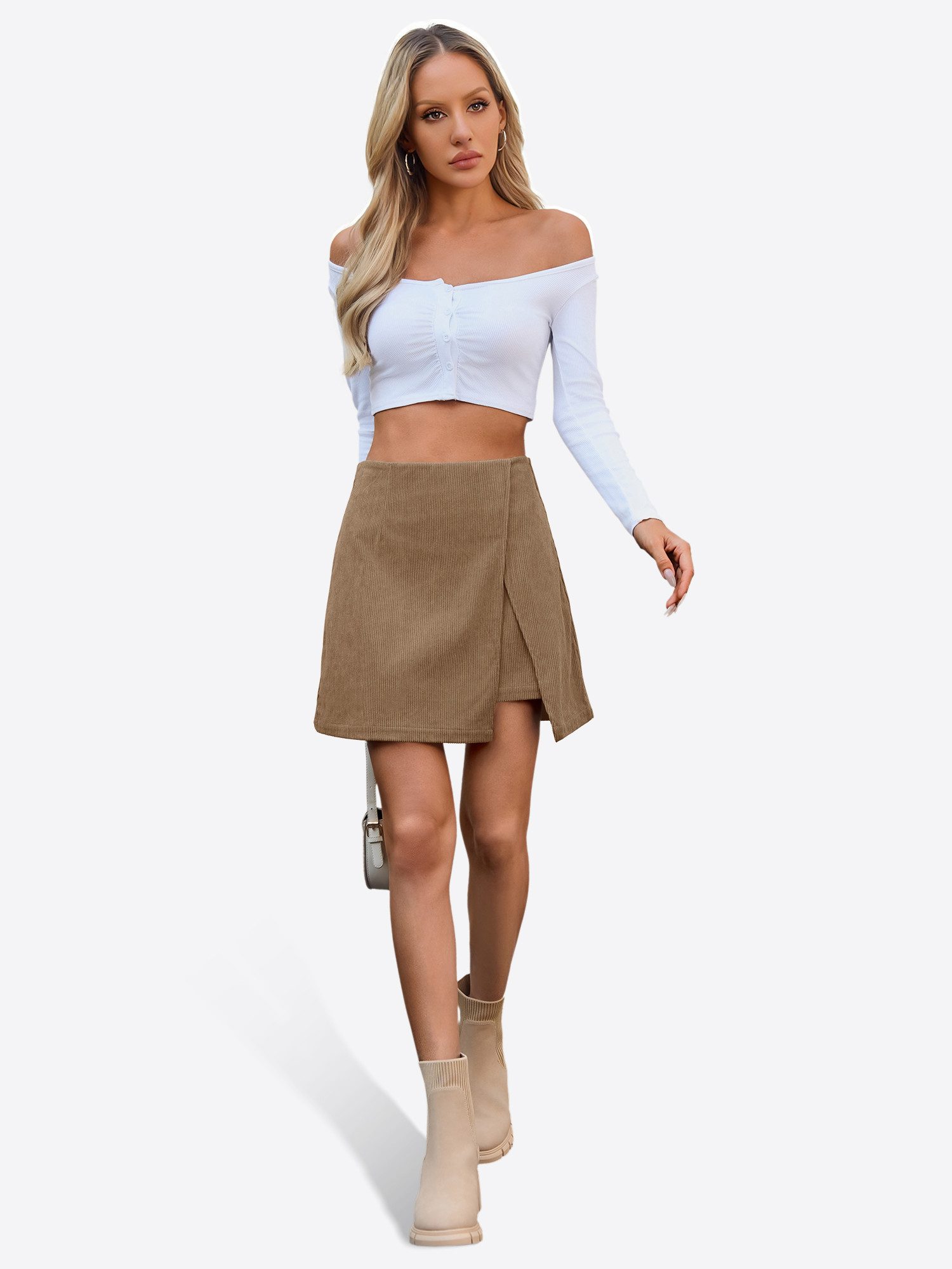 Imily Bela Cordrock Damen Minirock High-Waist seitlicher Schlitz A-förmig figurbetonend (Packung, 1-tlg., 1per-Pack) in Unifarbe Reißverschluss