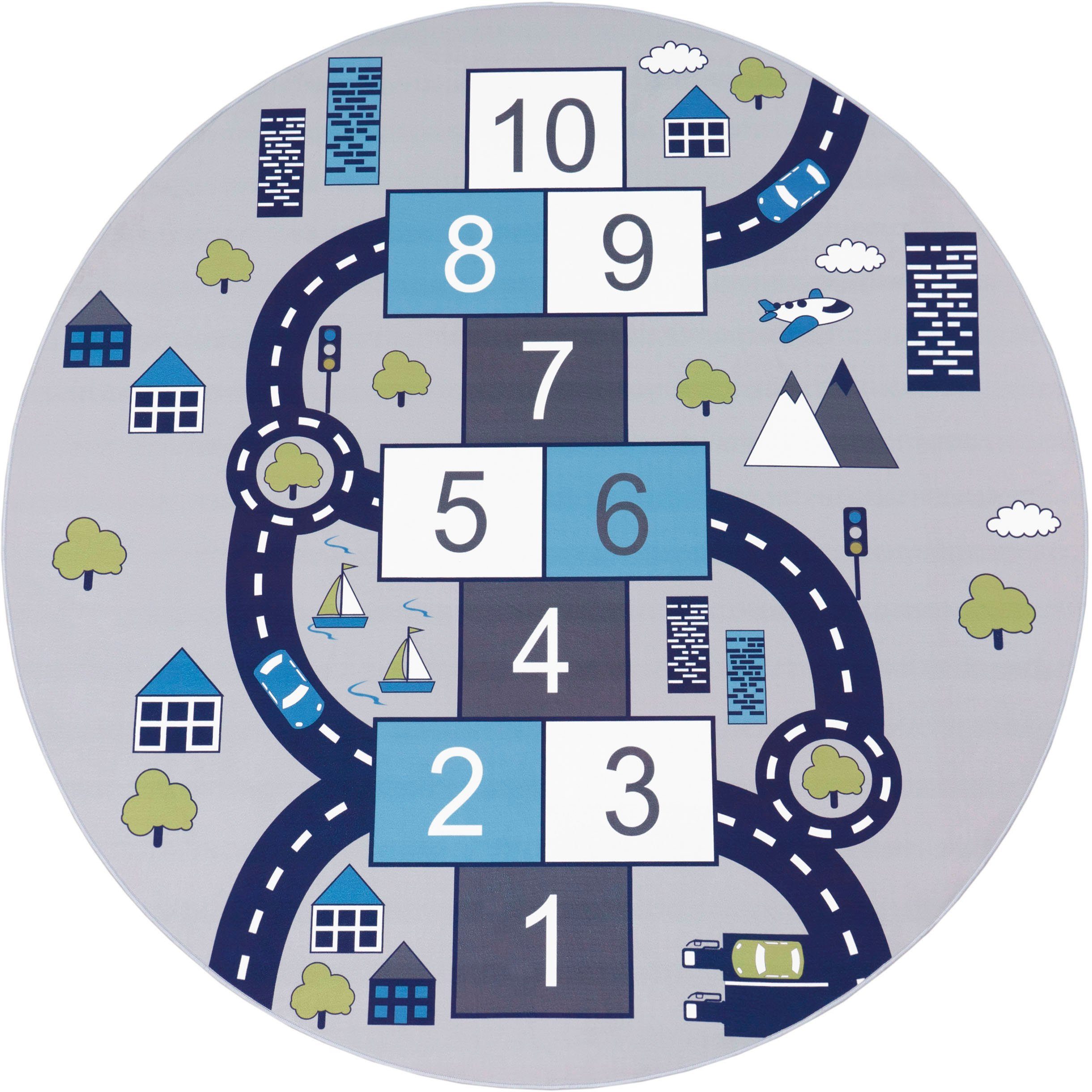 Paco Home Kinderteppich Bino 565, rund, Höhe: 4 mm, Kurzflor, Straßen-Spiel-Teppich & Spielmotiv Hüpfkästchen