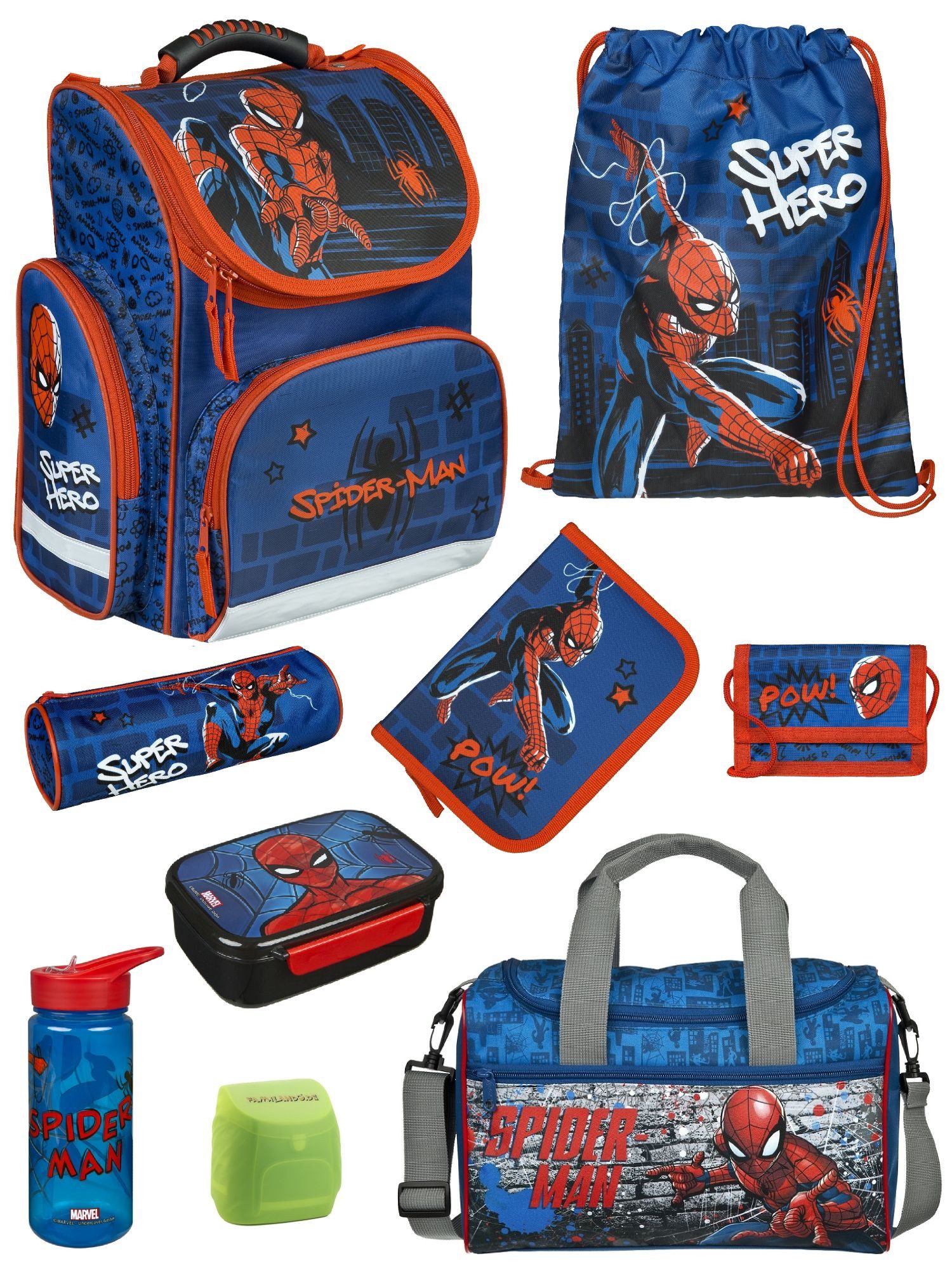 Familando Schulranzen SPIDER-MAN Schultasche ab der 1. Klasse, Blau (Set, 9-tlg., inkl. Brotdose, Trinkflasche und Sporttasche), ergonomisch, 930 Gramm leicht, 15L Volumen