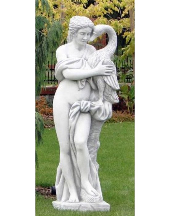 Casa Padrino Skulptur Jugendstil Garten Deko Skulptur Frau mit Schwan Weiß / Grau 41 x 39 x H. 160 cm - Elegante Garten Deko Stein Figur - Barock & Jugendstil Garten Deko Accessoires