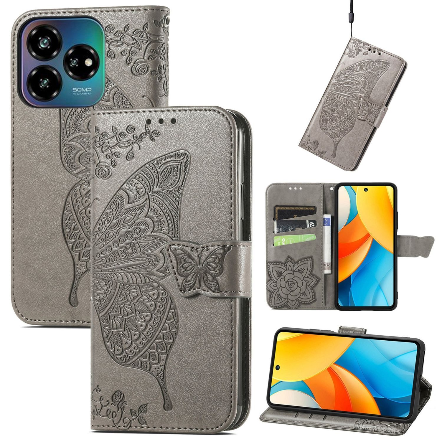 Wigento Smartphone-Hülle Für ZTE Blade V60 Vita / Axon 60 Lite Kunstleder Wallet Hülle Grau, Kunst-Leder Schutzhülle Smart Case Cover magnetischer Verschluss