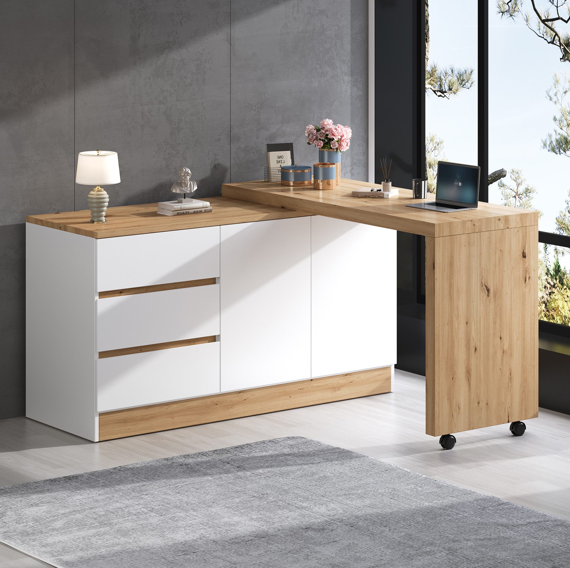 MODFU Eckschreibtisch Multifunktionstisch mit 3 Schubladen & 2 Türen (Packung, 1-St., Natur+Weiß, 120×78×50 cm, für Büro & Wohnzimmer), drehbare Platte, 4 cm stark, Rollen mit Bremsen