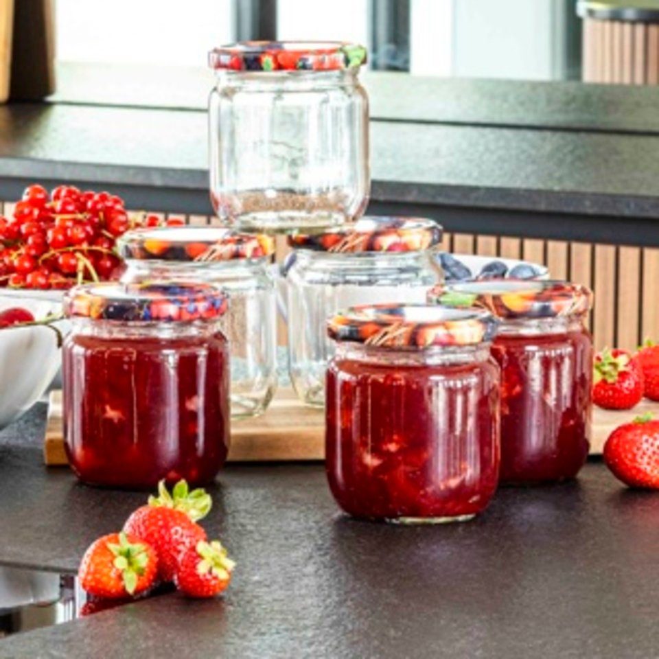 Einmachglas Einmachglas 425 ml, rund, 6er Set Deckel im Obstdekor