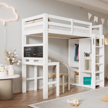 MODFU Etagenbett Holzbett Kinderbett, mit Schreibtisch Offener Kleiderschrank und Regalen, Ohne Matratze